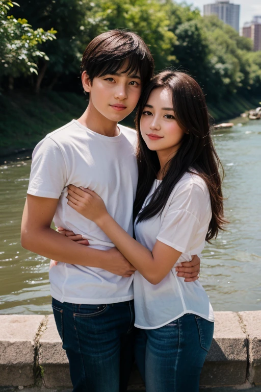 black hair man ,kind of ghost. Woman with her back to man.