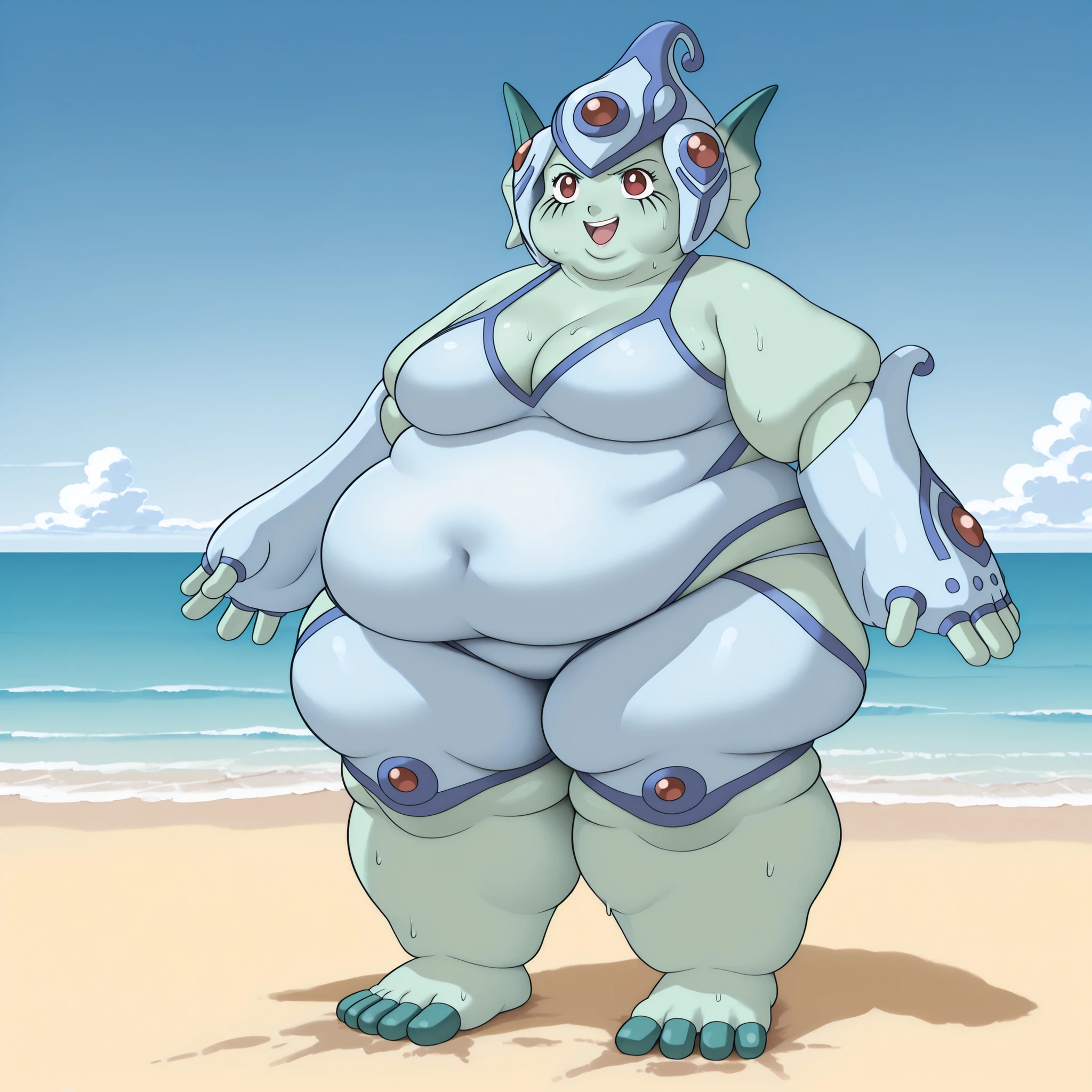 digimon (creature), ranamon, 1girl, solo, green skin, red eyes, smile, happy, monster girl, breasts, colored skin, open mouth, gloves, fingerless gloves, helmet, cleavage, sky, medium breasts, blue skin, head fins, beach, blank_stare, empty_stare,  fat, chubby, obese, gigantic arms and legs, large breasts, sweating, wet body, swollen face, Fat_neck , Fat head , eyes with crushed cheeks , nose with crushed cheeks , mouth with crushed cheeks , chin roll,
only head, large head, oversized limbs, large hands, large feet, oversized feet, oversized fingers, big lips, plump lips, fat face, fupa, big fupa, fat fupa, 