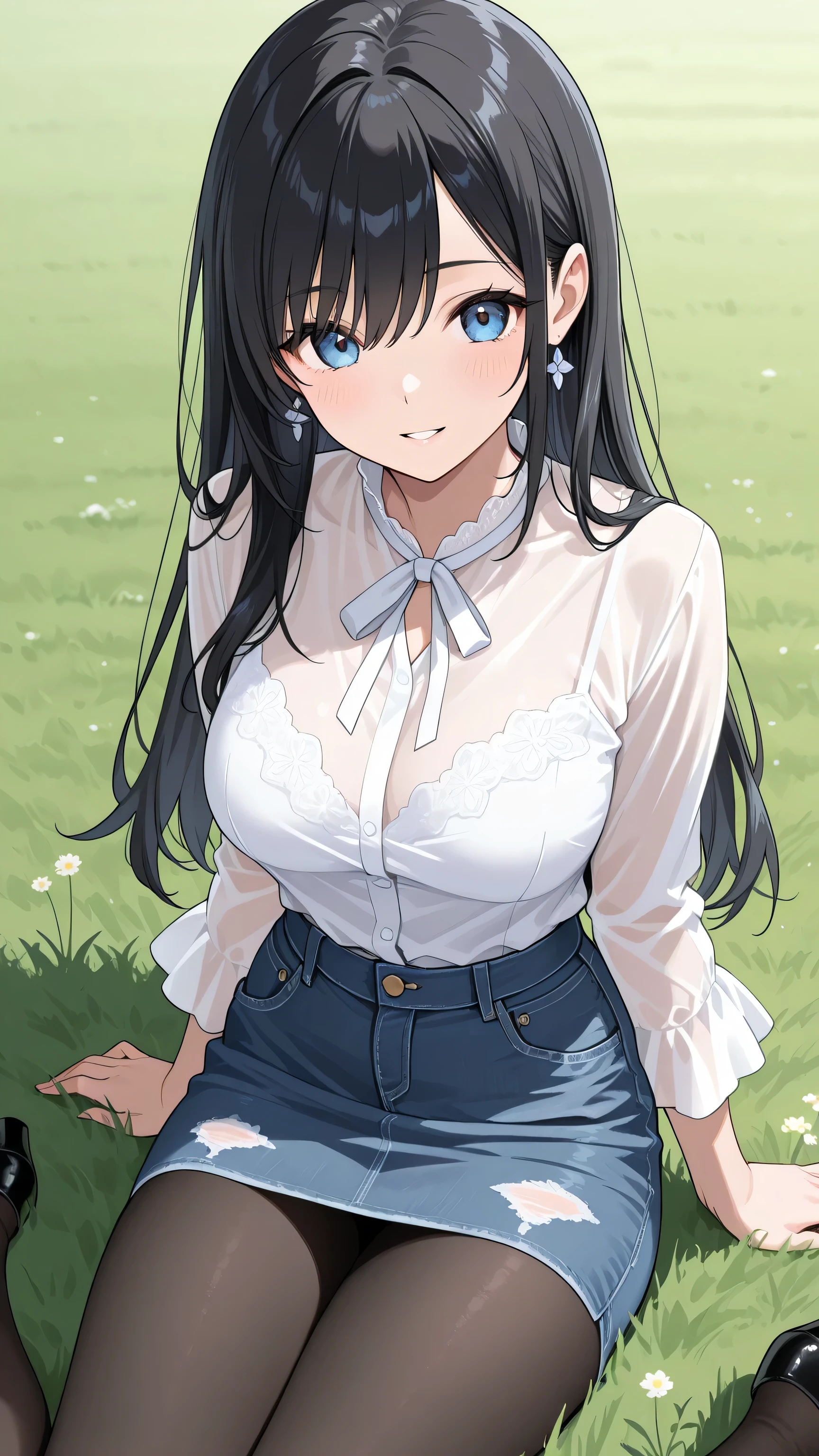 1 Person Black Hair Semi Long Office Lady、Outfit(black tights、White Sheer Sheer Blouse、Denim Miniskirt)、A bright expression、sitting on the grass