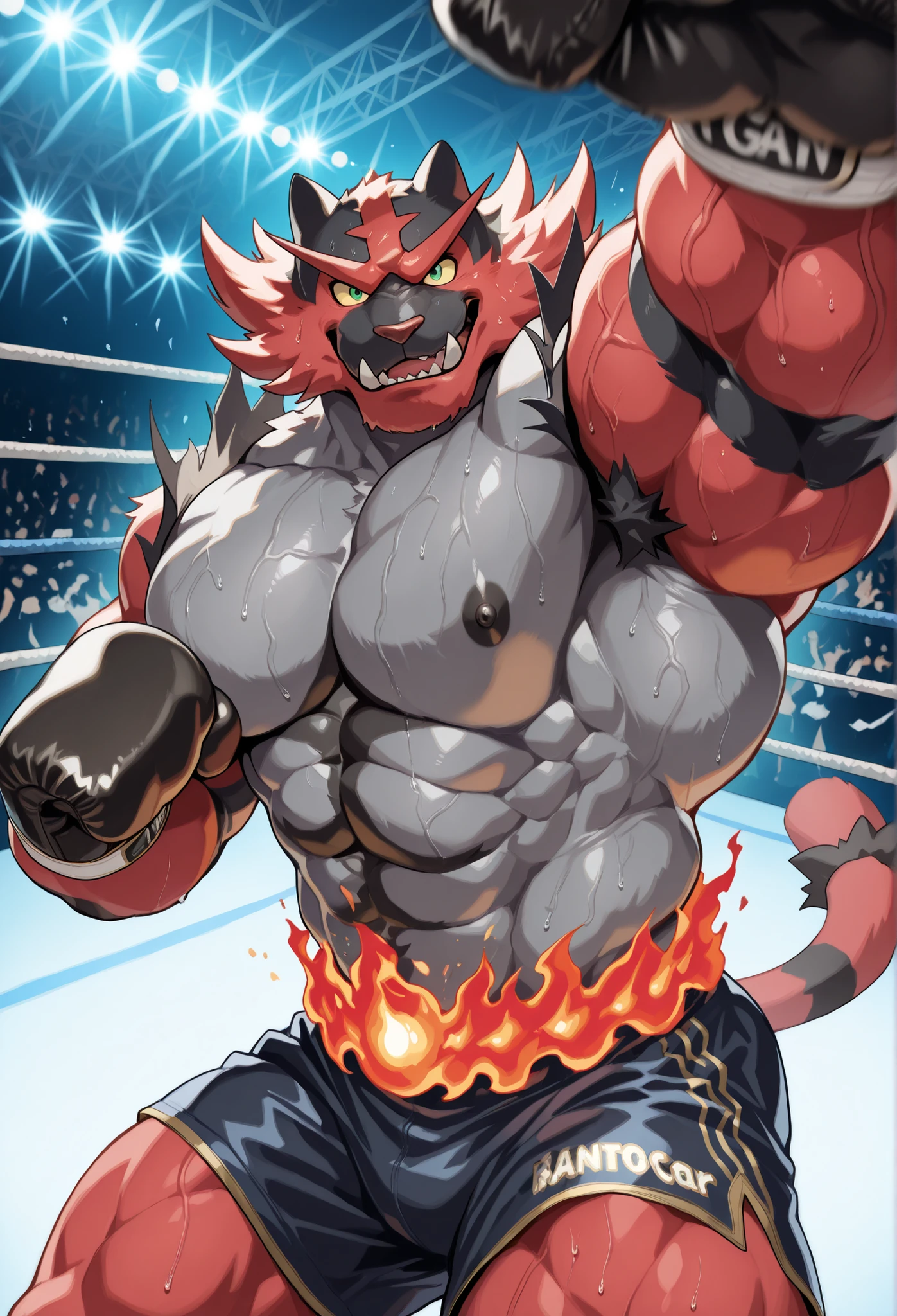 Realistic like a real photo style, pov_boxing, Incineroar strengthful predator Pokemon heavy wait boxing champion, thick armpits, fiercely barrage of punching_the_viewer, foreshortening, motion blur, black boxing gloves, black boxing shorts with gold side lines, depth of field, extreme perspective, extreme closeup, closeup, action shot, boxing, delivering a devastating punch, motion lines, impact lines, ferocious devastating punching viewers, throws a devastating punching and knock out the viewer, devastating punching the viewers cheek, boxing ring background, furry male, heavy muscular, very strong muscular arms with prominent veins, looking at viewer, brutal and sadistic expression, sadistic and brutal sharp eyes, thick veiny large pectorals, wearing black boxing gloves, burning fighting spirit, sweaty body, The moment of the devastating punch, The impact of a devastating punch, very strong muscular arms with prominent veins, The mercilessly figure of a ferocious predator