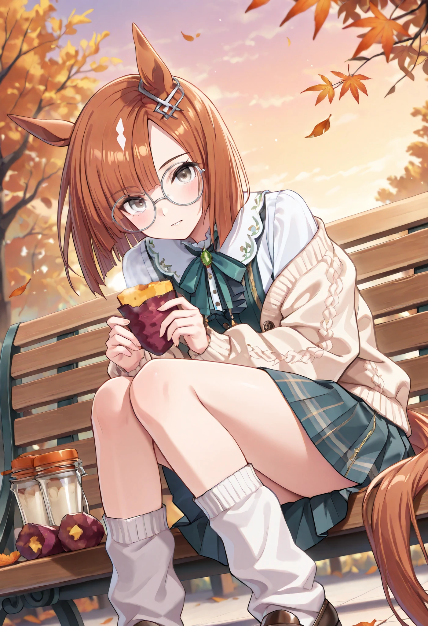 (masterpiece, best quality, perfect face:1.4), wide angle, ikuno dictus \(umamusume\), 1girl, ((remove glasses)), hold removed glasses in hand, horse ears, ear ornament, horse tail, tail on the lower back, proportional body, proportional,1 girl, beautiful hair, beautiful face, beautiful detailed eyes, beautiful clavicle, beautiful body, beautiful chest, beautiful thigh, beautiful legs, beautiful fingers, looking at viewer, BREAK, wearing autumn JK outfit: oversized cream cardigan slipping off shoulders, plaid skirt in warm red tones, white blouse with loosened ribbon tie, ultra-loose socks bunching over brown loafers, pose: seated on park bench beneath maple tree, leaning forward with both hands holding roasted sweet potato wrapped in paper, mouth open in eager bite, skirt hem riding slightly with playful movement, hair strands falling across cheeks, background: golden autumn park, ground layered with fallen leaves, warm sunset light filtering through red and orange foliage, food stalls faintly blurred in distance, air alive with cozy seasonal atmosphere, composition: cinematic close-mid shot, focus on her joyful expression and food, roasted sweet potato steaming visibly, leaves drifting softly in breeze, warm golden light framing subject in gentle glow, textures: crisp cardigan knit, glossy sweet potato skin splitting to reveal steaming golden interior, fallen leaves detailed in various hues, silky hair strands highlighted with sunset tones, skin radiant against warm palette, BREAK, good hands,