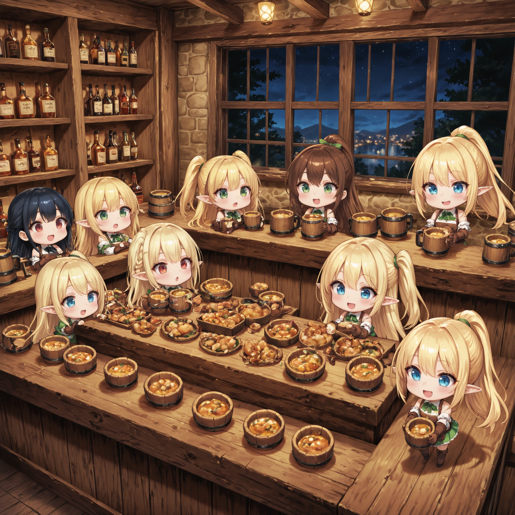 Elf Tavern。
(chibi:1.2)、2.5 heads tall、Elf clerk in the center、Golden Hair Eyeliner、pointed ears、Wooden mugs in both hands。
The store is crowded with a wide variety of customers、Old-fashioned Wooden Counter、Magical Props、fantastic night view seen from the window。