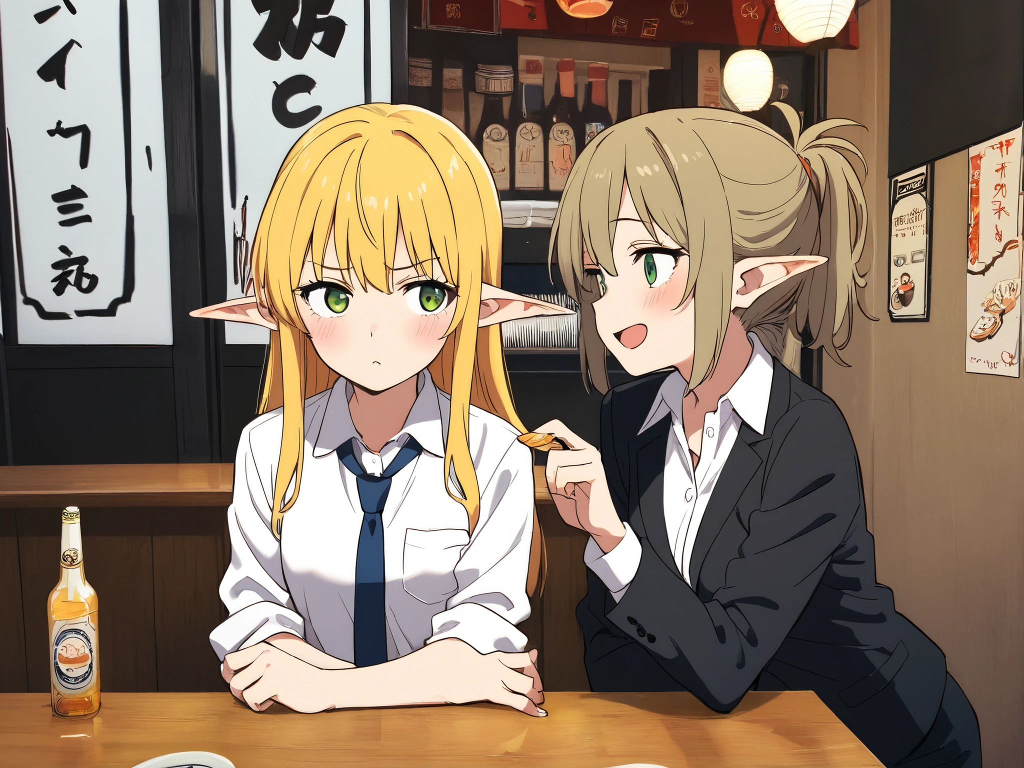 Anime style, masterpiece, best quality, score_9, score_8_up, score_7_up, score_6_up, japanese style izakaya, bar counter, 2girls, elves, blonde hair, green eyes, office lady uniform, chatting to each other, 2 big glass of beers, 2 plates of karaages, shoulder level, dutch angle