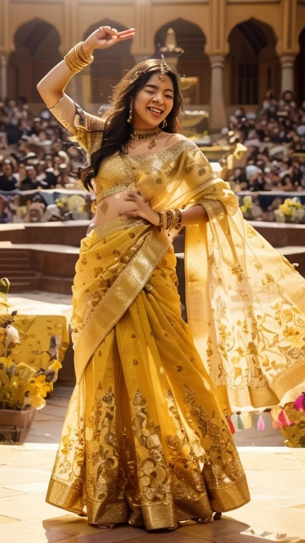 A indian gril black hair  visit tajmohal  drees yellow lehenga