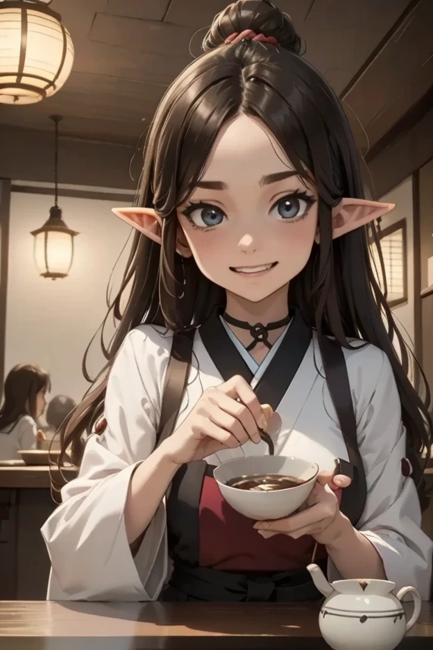 a magical elf izakaya, an enchanted japanese-style sake bar, with mischievous elves serving magically-brewed sake that can heal the soul, detailed anime-style scene, moody chiaroscuro lighting, hazy atmosphere, rich jewel-toned colors, intricate traditional japanese interior, sakura blossoms floating through the air, 4K, ultra-detailed, cinematic, digital art