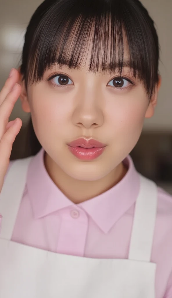 She gives a with her eyes looking up、Woman 、Focus on the face、