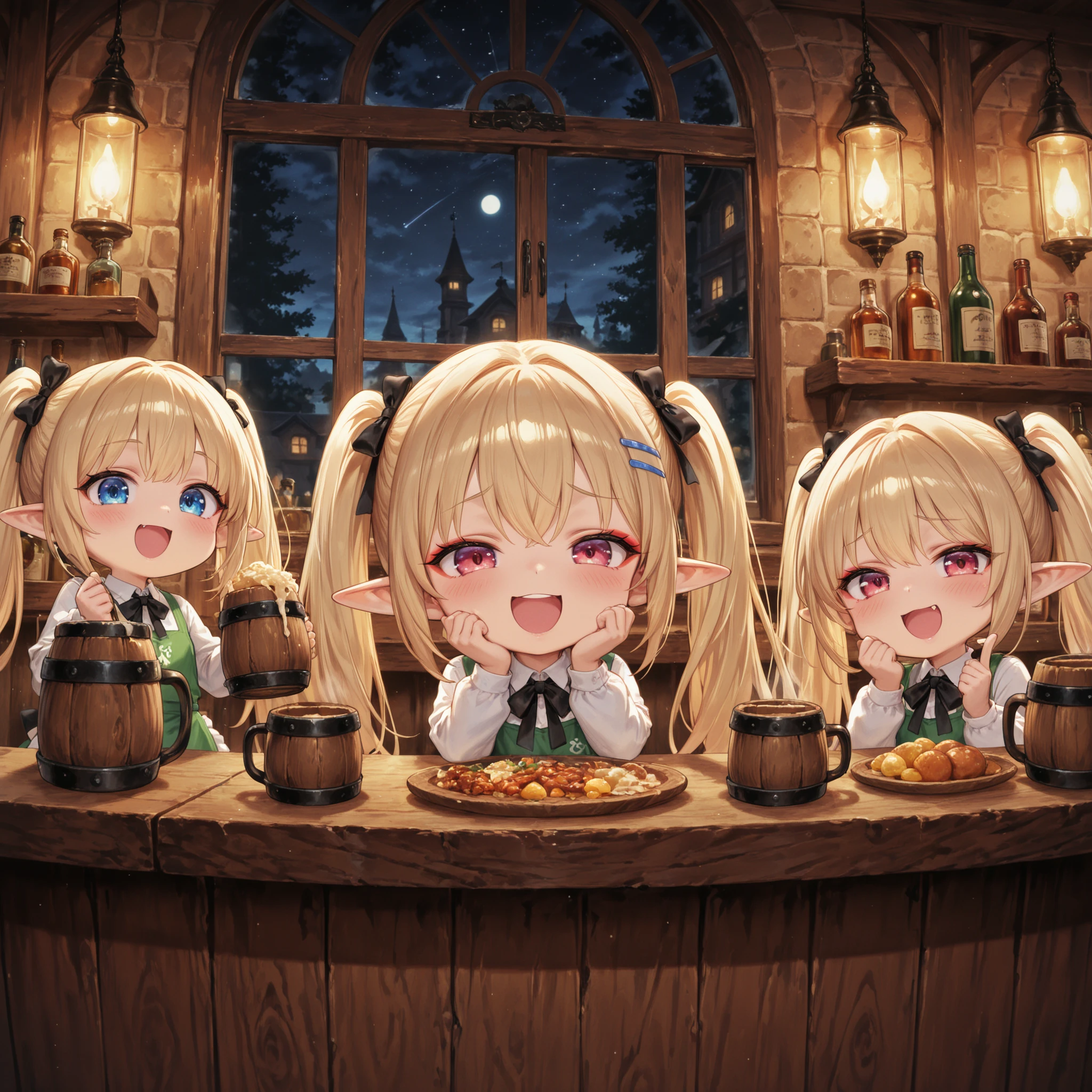 Elf Tavern。
(chibi:1.2)、2.5 heads tall、Elf clerk in the center、Golden Hair Eyeliner、pointed ears、Wooden mugs in both hands。
(chibi:1.2)、2.5 heads tall、The store is bustling with a wide variety of chemomimi girls、Old-fashioned Wooden Counter、Magical Props、fantastic night view seen from the window。
mesugaki, TheDeail。