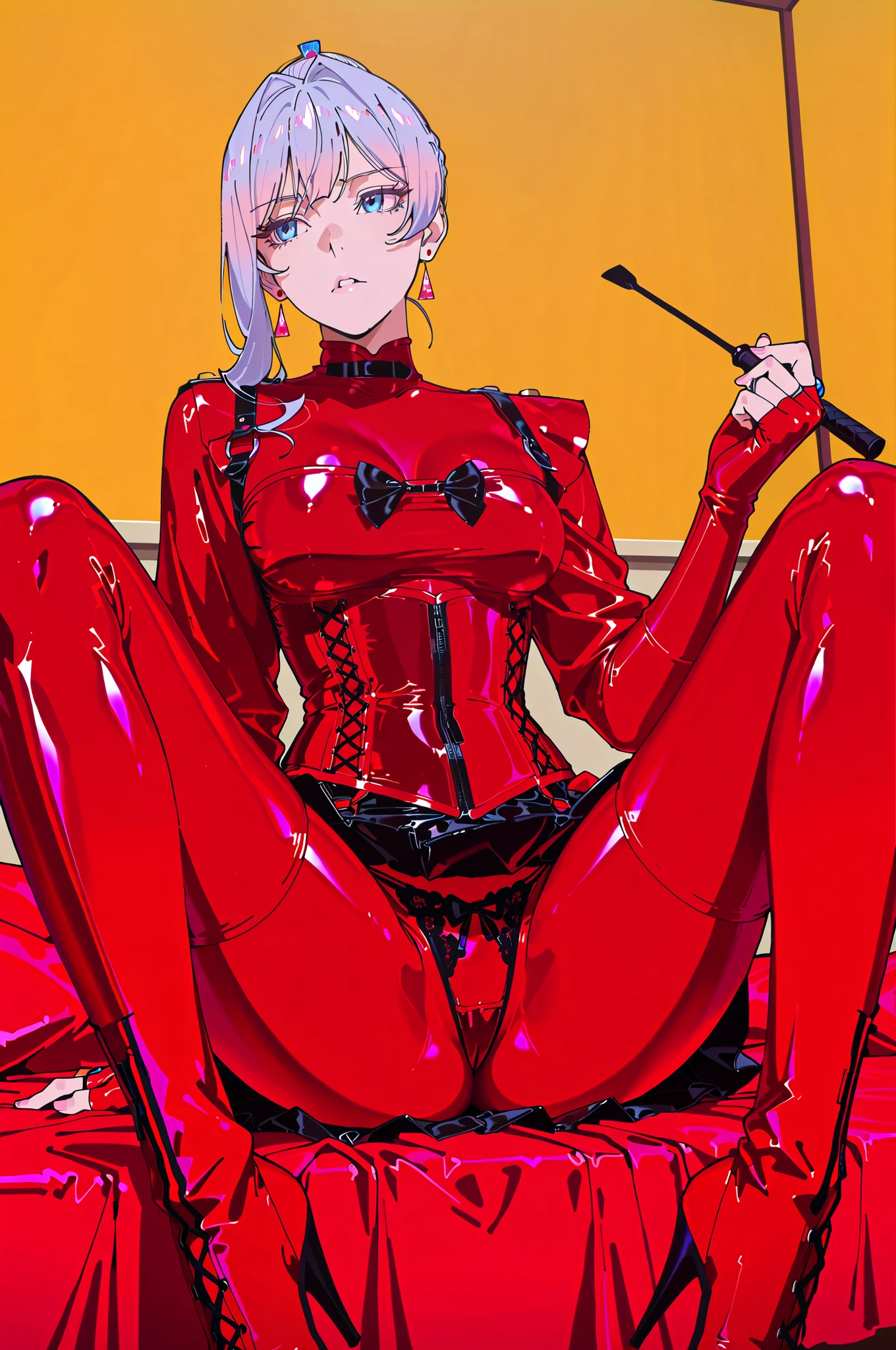 (((sitting spread legs)))、holding a whip in the right hand:1.3、holding riding crop:1.4、Queen、((( 1 woman)))、(((solo:1.8)))、(((The black leather fingerless gloves:1.4)))、(((Red latex corset dress:1.4)))、(((corset dress is adorned with beautiful lace)))、(((Corset Dress with Shoulder Straps)))、(((Red Latex Tight Miniskirt:1.4)))、((( Red thigh-high boots:1.4)))、(((red rubber tights :1.2)))、(((stiletto heel boots:1.4)))、(((stiletto boots:1.4)))、(((red latex high leg panties)))、((( red latex bra )))、(((bold pose:1.4 )))、Wide legs:1.2、(((erotic)))、(((cowboy shot)))、close-up、beautiful eyes with highlights、Fine Beautiful Skin、} 2 perfect legs based on anatomy、wearing cute mythological costumes、(perfect 4 fingers and 1 thumb)、最高masterpiece、Masterpiece、absurdres、high image quality、Hi-Res 8k、detailed face、detailed eyes、Detailed Hairstyles、masterpiece, Highest Quality, vivid、very beautiful、High Contrast、anime、(Indoor、detailed background、SM Exclusive Hotel、Hand me an engagement ring with a monotone interior 、indecent vibe、adult atmosphere、training room、discipline room、torture room 、torture room、Adult Goods、The bed covered with a black rubber sheet 、BDSM dungeon)、1girl、solo、aqua blue eyes、Silver Long Hair、braids、single hair bun、earrings、standard size bust、Staring at the Audience、Make eye contact with the audience、Dutch Angle、dynamic angle、No expression、with a cold gaze