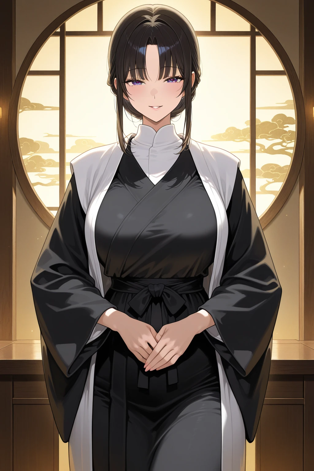 1girl, solo, long hair, dress, purple eyes, purple hair, ahoge, black dress, black kimono, coat, fur trim, Anastasia_Zelenska