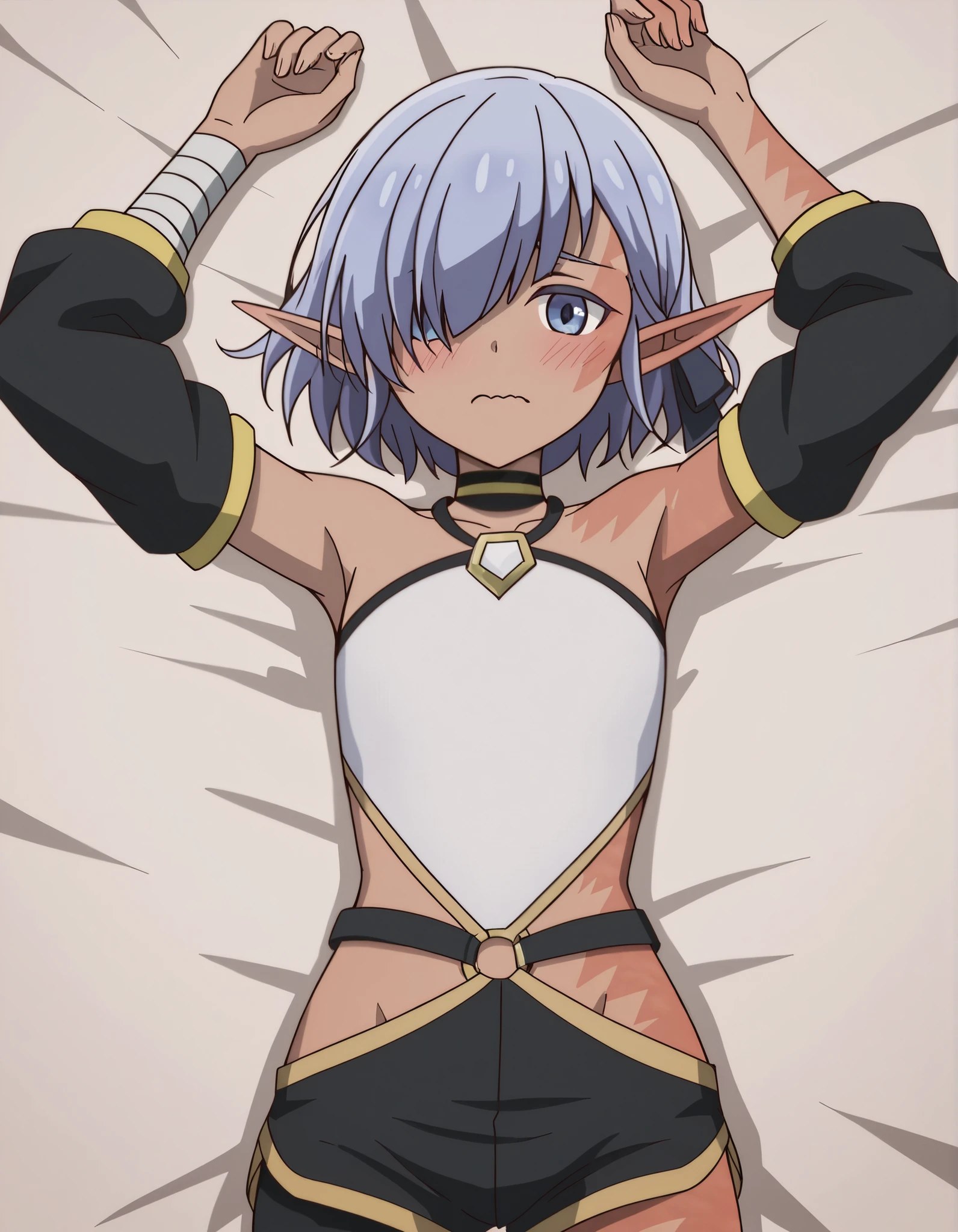 cariaerful,,dark elf, dark-skinned female, short hair,  blue hair, hair over one eye, blue eyes, pointy ears, bandaged arm, black choker, burn on face, burn on side, burnt arm, burnt leg, flat chest,,white top,  halterneck, bare shoulders,  detached sleeves, black shorts, short shorts, single thighhigh, anime screencap, high quality, solo, lying, on back, on bed, arms up, legs apart, overhead view, cowboy shot, medium shot, closed mouth, looking at viewer, wavy mouth, blush, best quality
