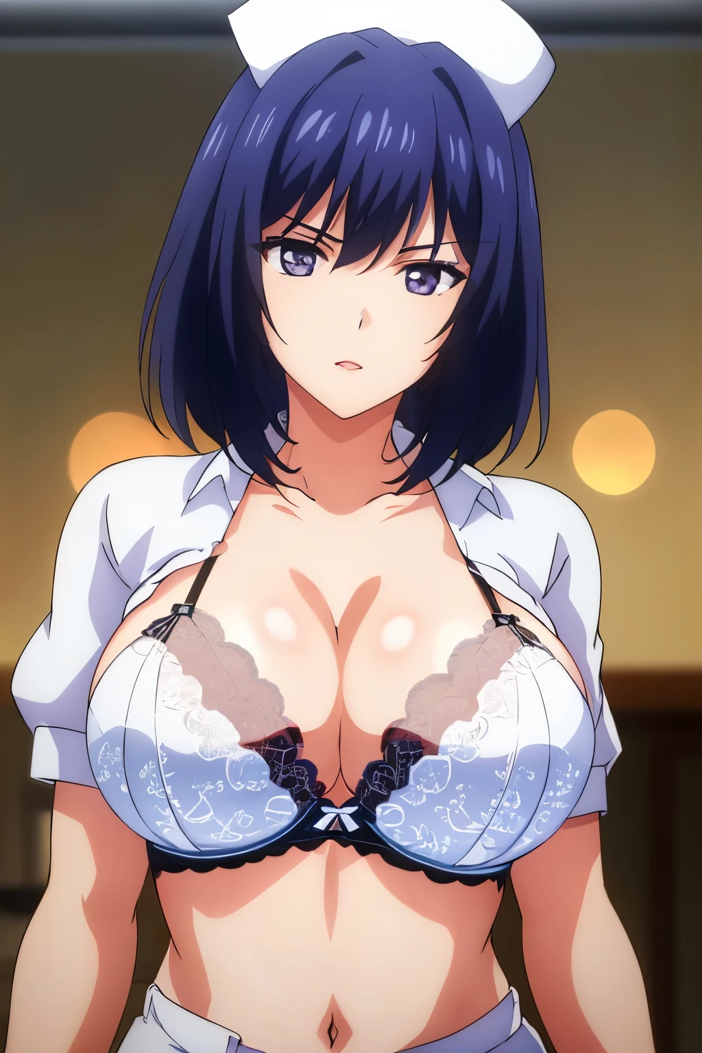 Simple background, dynamic pose, (nurse cap, black lace bra, collarbone, cleavage, black sheer bra, hospital room), from front, (beautiful breasts:1.4),
Tachibana_SakuseiByoutouV2,
purple eyes, blue hair, bangs, short hair, makeup, red lipstick,
1 girl, 20 year old, Young female, beautiful legs, beautiful body, beautiful nose, beautiful character design, perfect eyes, perfect face, expressive eyes, perfect balance, looking at viewer, (Focus on her face), (innocent_big_eyes:1.0),(Light_Smile:0.3),
official art, extremely detailed CG unity 8k wallpaper, perfect lighting, colorful, Bright_Front_face_Lighting, white skin,
(masterpiece:1.0), (best_quality:1.0), ultra high res,4K,ultra-detailed,
photography, 8K, HDR, highres, (absurdres:1.2), Kodak portra 400, film grain, blurry background, (bokeh:1.2), lens flare, (vibrant_color:1.2), professional photograph,
(Beautiful,large_Breasts:1.1), (beautiful_face:1.2),(narrow_waist), (upper body:1.3)