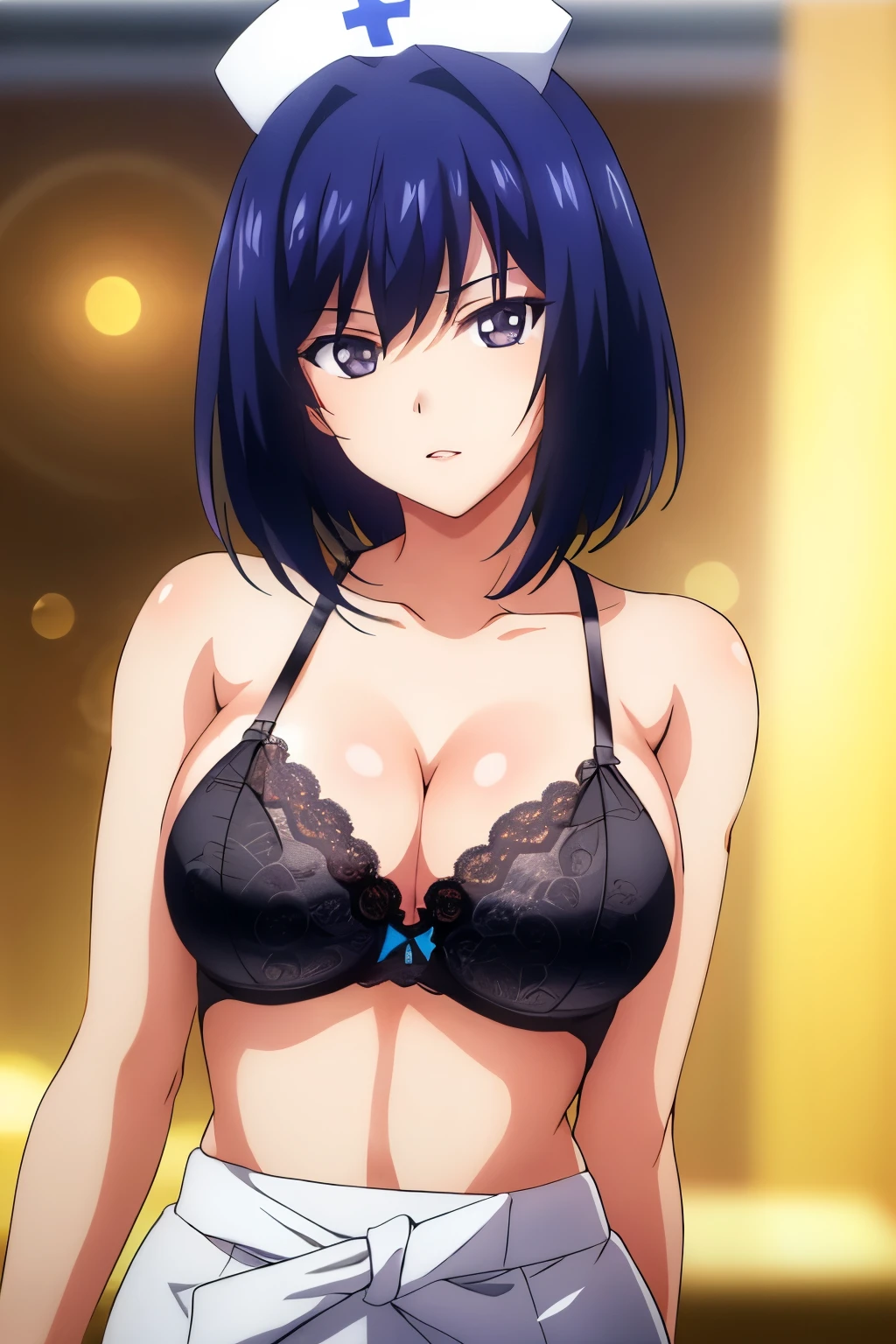 Simple background, dynamic pose, (nurse cap, black lace bra, collarbone, cleavage, hospital room), from front, (beautiful breasts:1.2),
Tachibana_SakuseiByoutouV2,
purple eyes, blue hair, bangs, short hair, makeup, red lipstick, 
1 girl, 20 year old, Young female, beautiful legs, beautiful body, beautiful nose, beautiful character design, perfect eyes, perfect face, expressive eyes, perfect balance, looking at viewer, (Focus on her face), (innocent_big_eyes:1.0),(Light_Smile:0.3),
official art, extremely detailed CG unity 8k wallpaper, perfect lighting, colorful, Bright_Front_face_Lighting, white skin,
(masterpiece:1.0), (best_quality:1.0), ultra high res,4K,ultra-detailed,
photography, 8K, HDR, highres, (absurdres:1.2), Kodak portra 400, film grain, blurry background, (bokeh:1.2), lens flare, (vibrant_color:1.2), professional photograph,
(Beautiful,large_Breasts:1.1), (beautiful_face:1.2),(narrow_waist), (upper body:1.3)