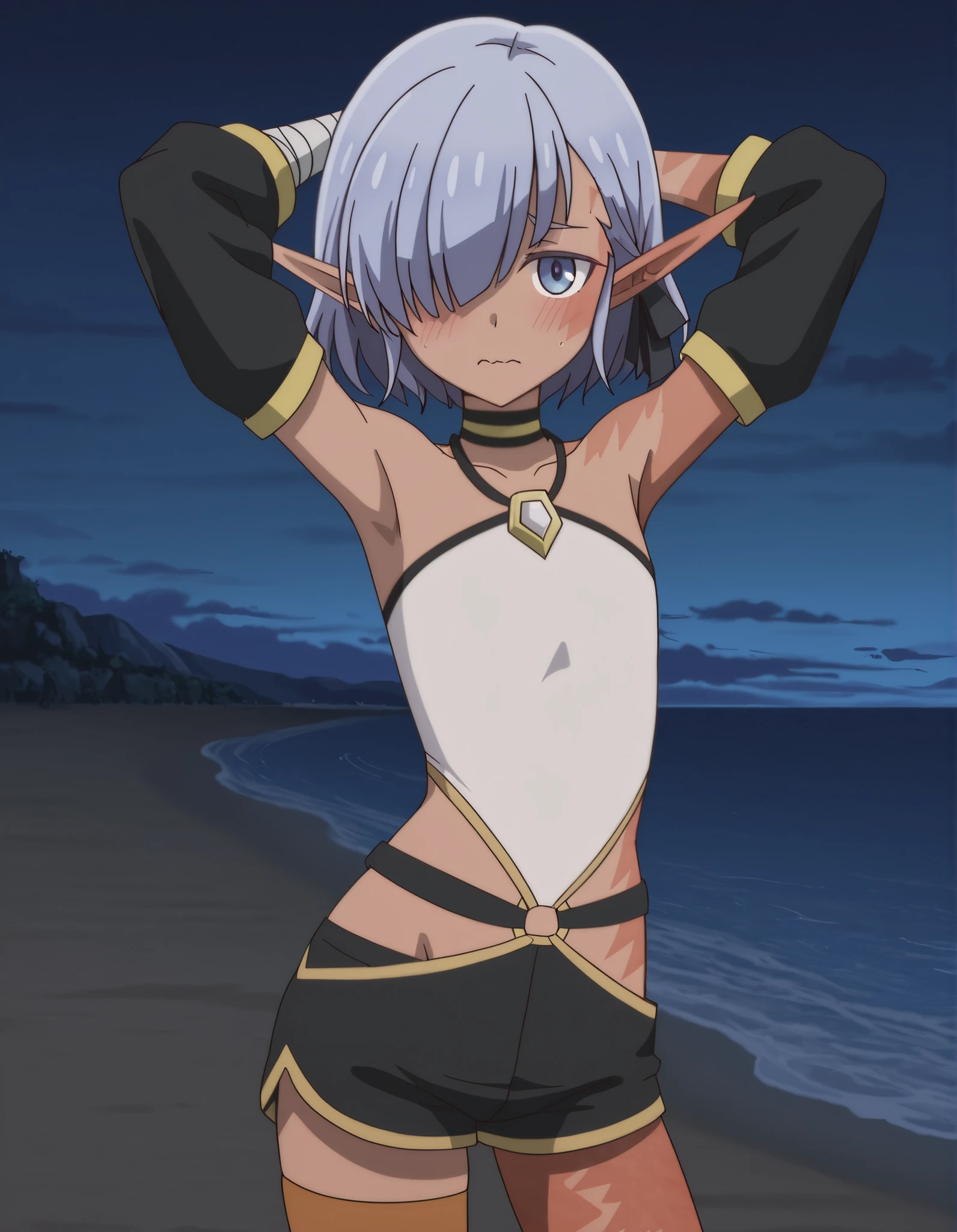 cariaerful,,dark elf, dark-skinned female, short hair,  blue hair, hair over one eye, blue eyes, pointy ears, bandaged arm, black choker, burn on face, burn on side, burnt arm, burnt leg, flat chest,,white top,  halterneck, bare shoulders,  detached sleeves, black shorts, short shorts, single thighhigh, anime screencap, high quality, solo, cowboy shot, (contrapposto), (hands behind head), closed mouth, night sky, beach, looking at viewer, wavy mouth, blush, best quality,