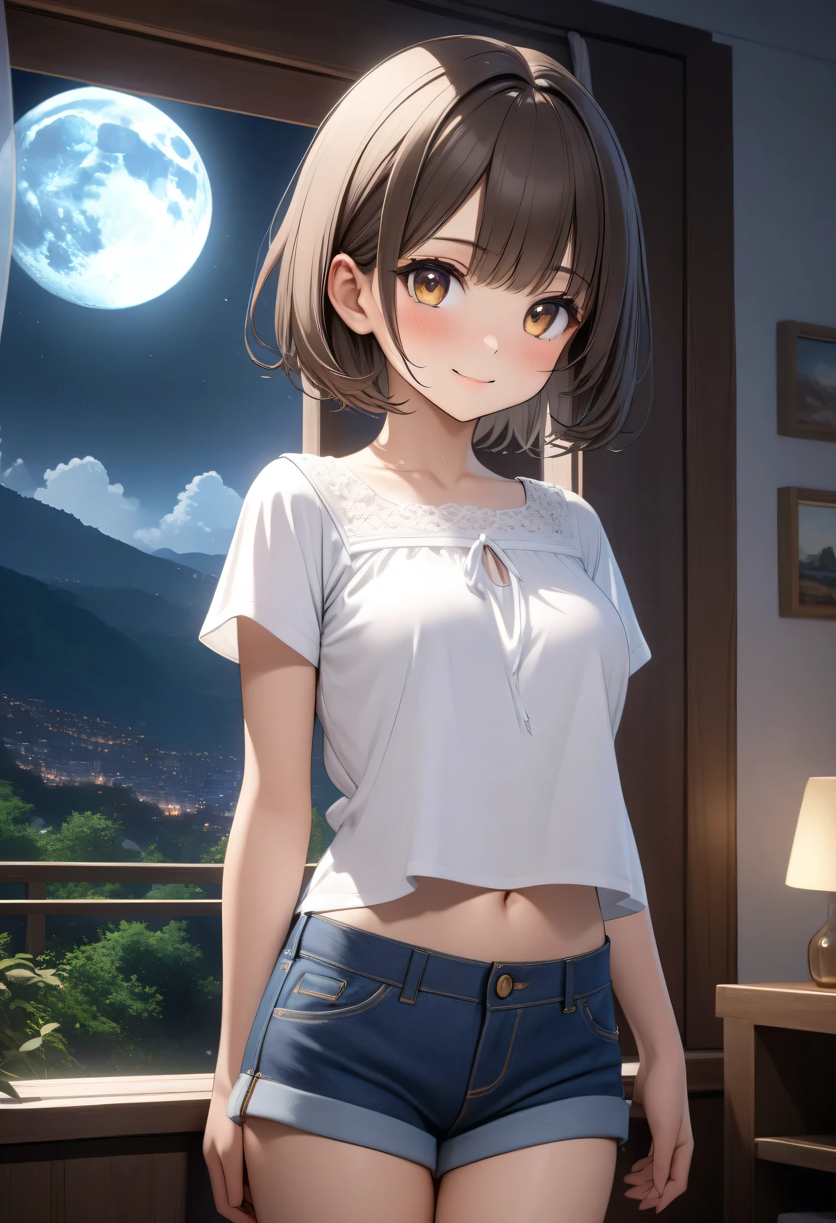 (masterpiece, best quality, high resolution, UHD, perfect pixels, depth of field, 4k, RTX, hdr))), sixteen-year-old girl , full body, slim body, nice figure, small height , Beautiful anime girl, beautiful artistic style, anime character, ((small smile, childish gaze, beautiful face), (Very short hair , long bangs to one side , dark brown hair, piel morena)), (honey-colored eyes,), (detailed face, blush: 1.2), (SOFT TEXTURE: 0.75, realistic texture: 0.65, photorealistic: 1.1, anime cg style), A cup breasts, close up, (showed: white short sleeve navel blouse, mid-hip denim minichort shorts, In the background a light-colored girl's bedroom, (Take from an extreme, Half-height visata), is standing in profile in front of a window with a transparent curtain, , (dynamic profile view highlighting its beautiful features, beautiful face), (outdoor night landscape, you can see a part of the moon between the clouds and the dark sky