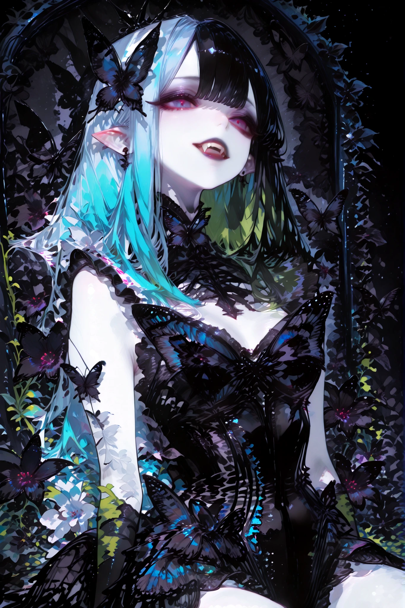 (SPLIT-COLOR HAIR,MIX OF AND HAIR,xxx667_illu,Black butterfly leotard, narrow waist,) Dark faèrie-girl. She has an asthenic skinny flat-chested physique, she has long elegant swan neck,clawed six-fingered limbs,long pointy ears. She has huge sharp pitch black butterfly wings. She has white skin and a long straight nose. She has black lipstick and sharp needle-like teeth.
She has straight longest striped hair with NO BANGS. She has royal blue eyes with Nazar symbol. She wearing in jet-black closed skin-tight catsuit with nature embroidery and engraving of vines. (On background: twilight forest where purple-black trees are covered with bioluminescent moss , multicolored Lilly flowers and mushrooms. Black butterflies and moths are flying everywhere.)