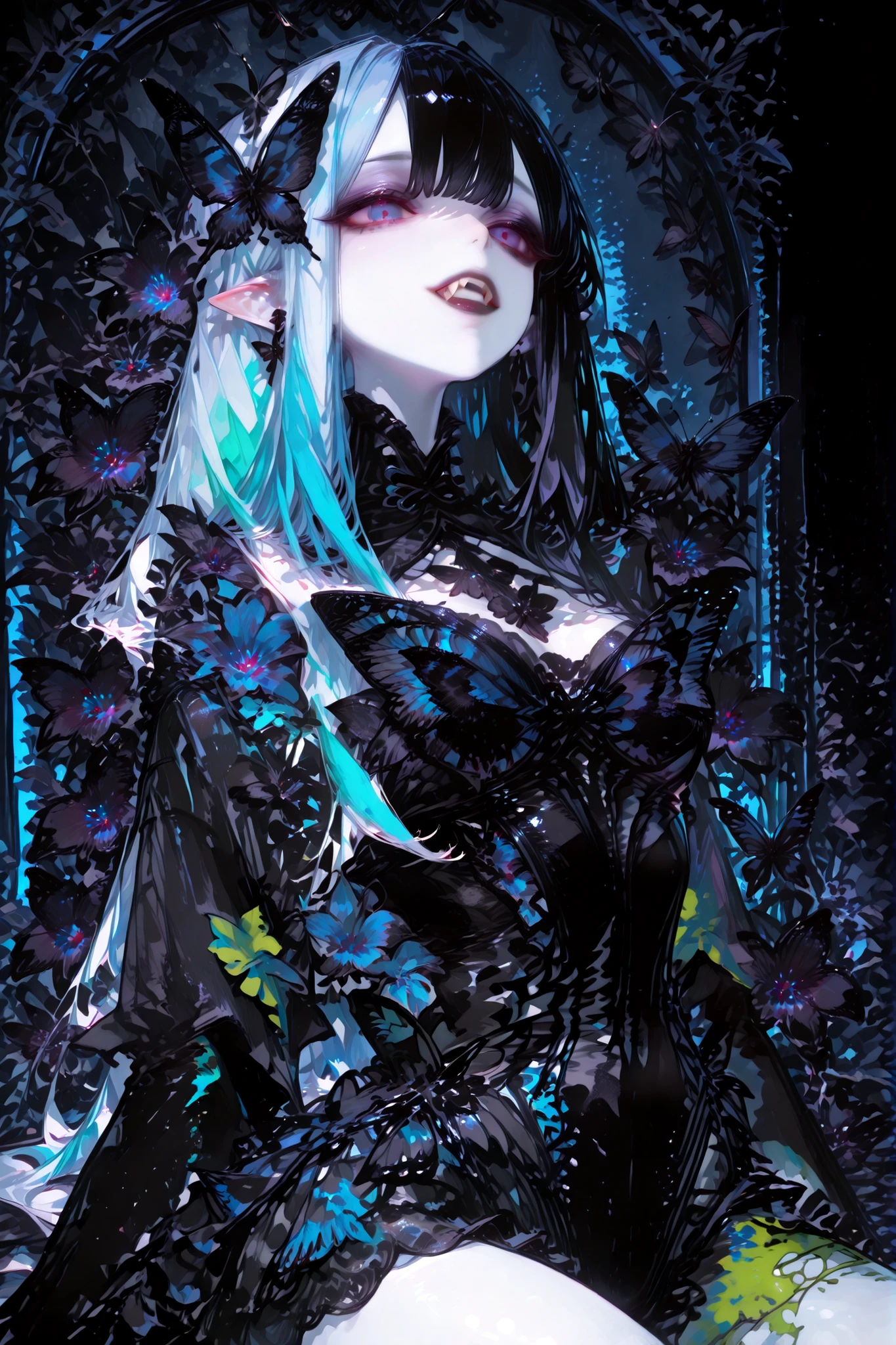 (SPLIT-COLOR HAIR,MIX OF  AND  HAIR,xxx667_illu,Black butterfly leotard, narrow waist,) Dark faèrie-girl. She has an asthenic skinny flat-chested physique, she has long elegant swan neck,clawed six-fingered limbs,long pointy ears. She has huge sharp pitch black  butterfly wings. She has white skin and a long straight nose. She has black lipstick and sharp needle-like teeth.
She has straight longest striped hair with NO BANGS. She has royal blue eyes with Nazar symbol.  She wearing in jet-black closed skin-tight catsuit with nature embroidery and engraving of vines. (On background: twilight forest where purple-black trees are covered with bioluminescent moss , multicolored Lilly flowers and mushrooms. Black butterflies and moths are flying everywhere.)