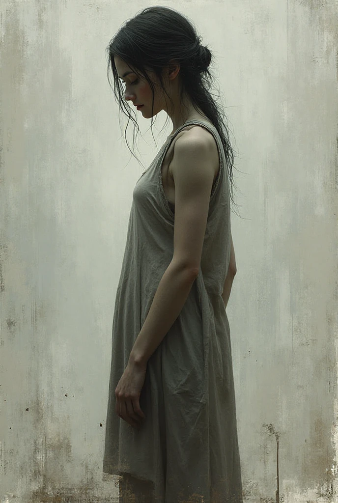 An acrylic painting of a woman with her back in a loose dress that highlights her figure. Her hands are intertwined behind her back in an elegant and mysterious pose. The texture of the painting is visible, with expressive brushstrokes and warm, neutral colors. The background is abstract or subtly detailed, evoking an artistic and sophisticated atmosphere. Let the brushstrokes be noticed as if it were a little animated