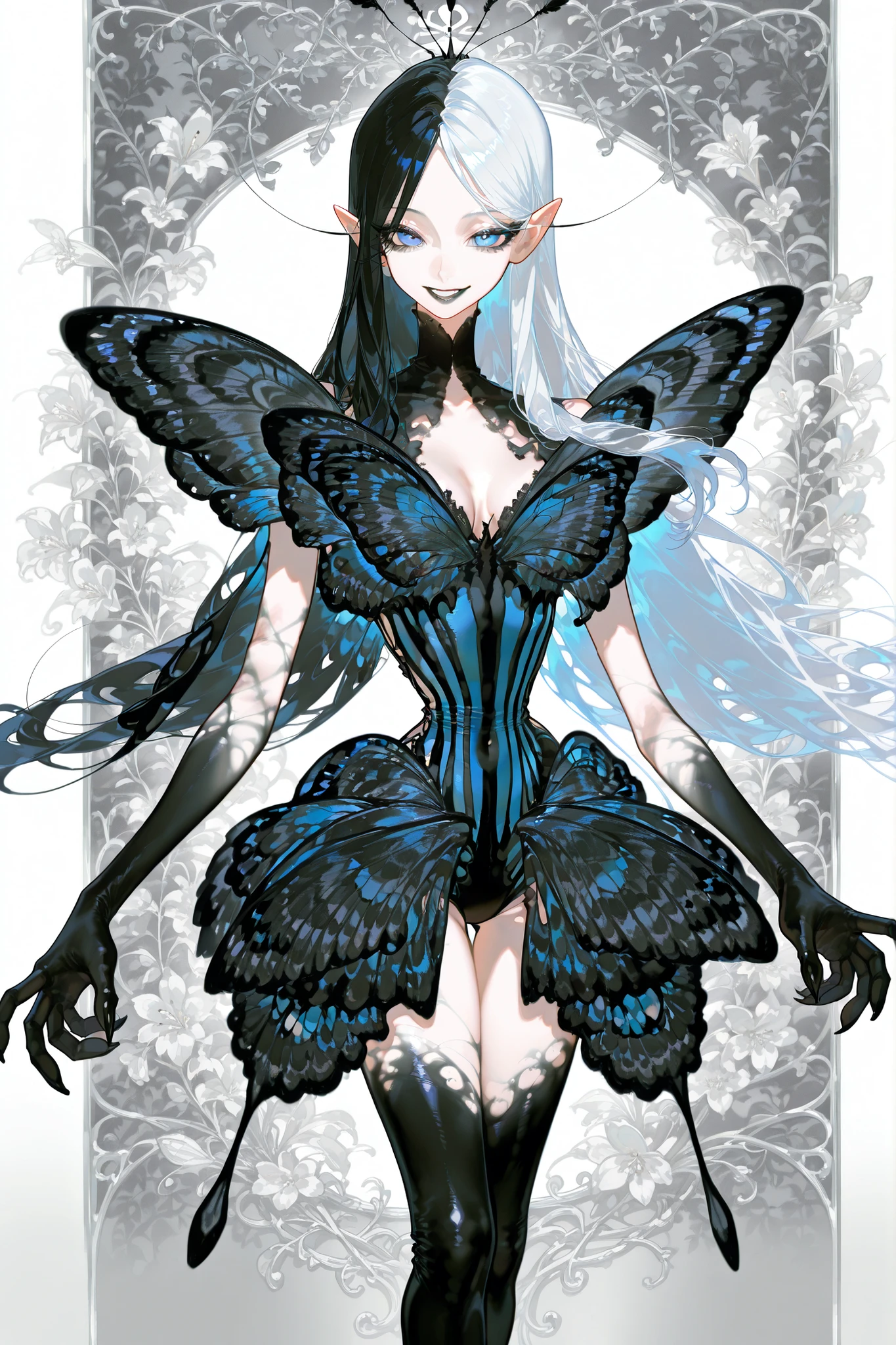 (SPLIT-COLOR HAIR,MIX OF BLACK AND WHITE HAIR,xxx667_illu,Black butterfly leotard, narrow waist,) Dark faèrie-girl. She has an asthenic skinny physique, she has long elegant swan neck,clawed six-fingered limbs,long pointy ears. She has huge sharp pitch black butterfly wings. She has white skin and a long straight nose. She has black lipstick and sharp needle-like teeth.
She has straight longest striped hair with NO BANGS. She has royal blue eyes with Nazar symbol. She wearing in jet-black closed skin-tight catsuit with nature embroidery and engraving of vines. (On background: twilight forest where purple-black trees are covered with bioluminescent moss , multicolored Lilly flowers and mushrooms. Black butterflies and moths are flying everywhere.)