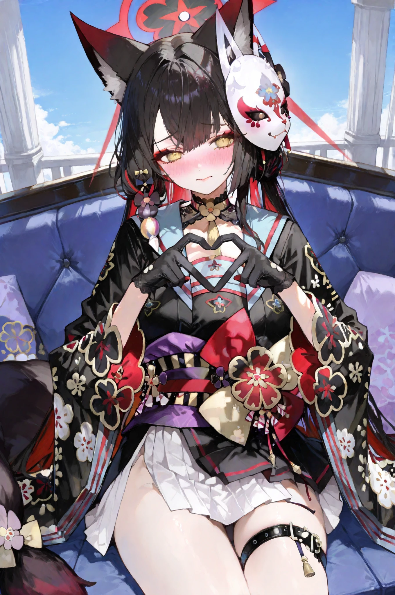 Highest Quality, high resolution, 1 girl, Long Lashes, Lip Gloss, (wakamo kosaka, wakamo, wakamo (blue archive), animal ear fluff, animal ears, black hair, fox ears, fox girl, fox tail, yellow eyes, hair ornament, halo, two-tone hair, red hair, very long hair,
japanese clothes, long sleeves, mask, sash, obi, choker, floral print, thigh strap, skirt, white skirt, blac kimono, black gloves, side slit, wide sleeves, heart hands,) Very embarrassed expression, tilting head, front view, top view, sitting on lite blue sofa, White pillars, large windows, windows with a view of the blue sky,