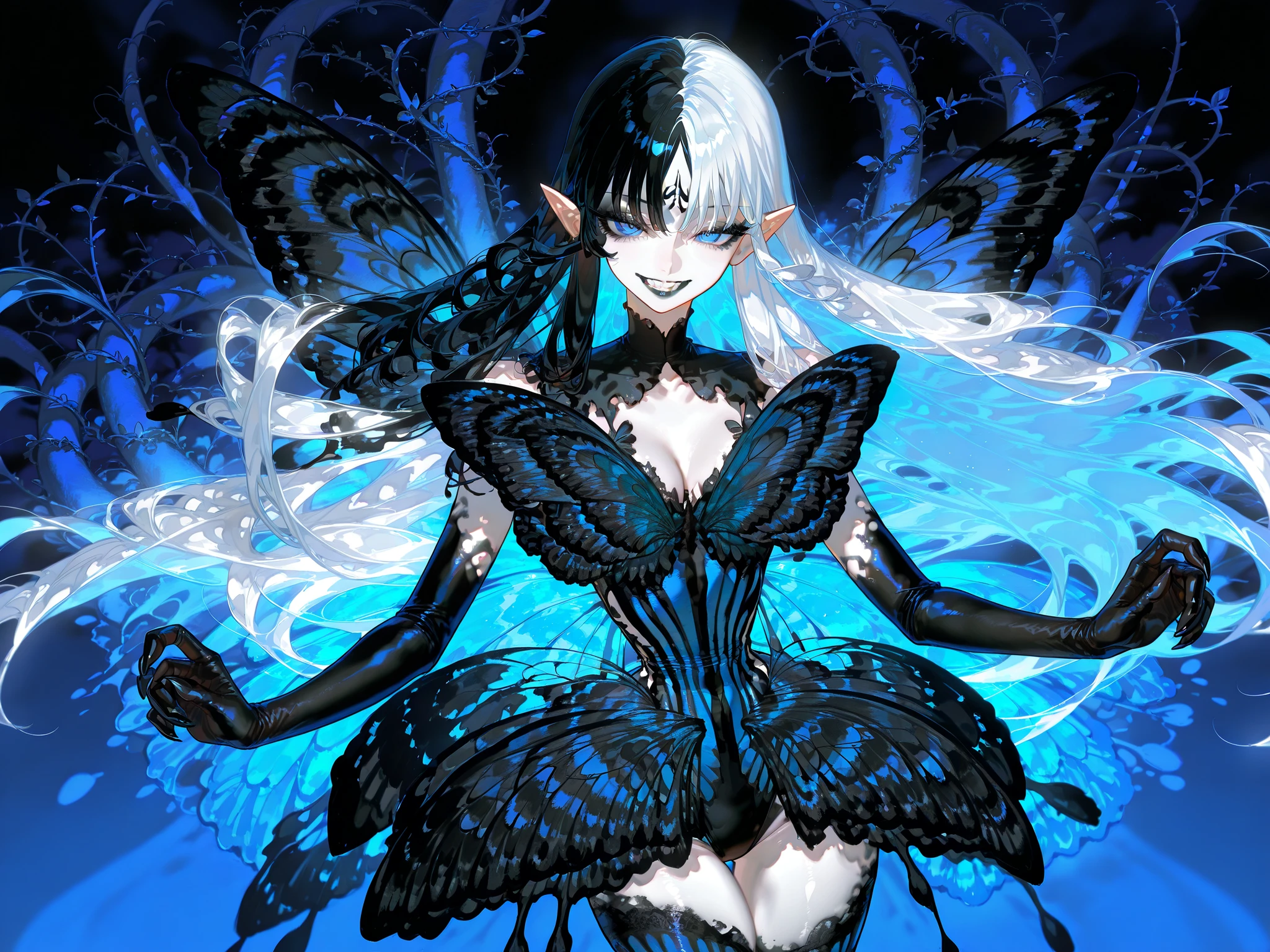 (SPLIT-COLOR HAIR,MIX OF BLACK AND WHITE HAIR,xxx667_illu,Black butterfly leotard, narrow waist,) Dark faèrie-girl. She has an asthenic skinny flat-chested physique, she has long elegant swan neck,clawed six-fingered limbs,long pointy ears. She has huge sharp pitch black butterfly wings. She has white skin and a long straight nose. She has black lipstick and sharp needle-like teeth.
She has straight longest striped hair with NO BANGS. She has royal blue eyes with Nazar symbol. She wearing in jet-black closed skin-tight catsuit with nature embroidery and engraving of vines. (On background: twilight forest where purple-black trees are covered with bioluminescent moss , multicolored Lilly flowers and mushrooms. Black butterflies and moths are flying everywhere.)