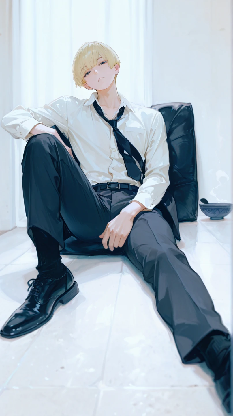 The whole body of a young Japanese mixed European man with a handsome and cute face, white skin and black hair with a sharp nose, is paralyzed in an electric wheelchair with a headrest using a breathing tube..  realistic