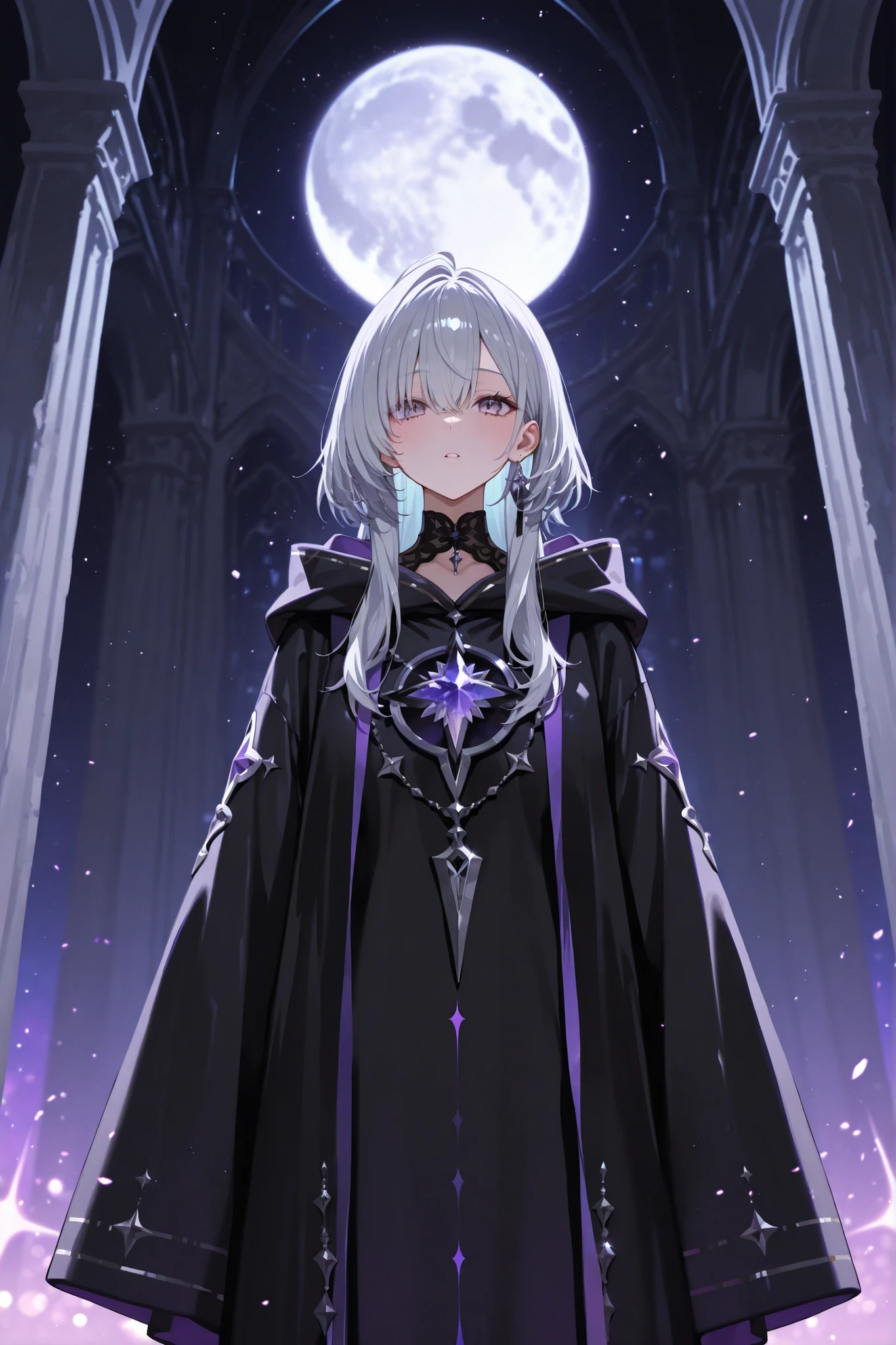 Very Dark Night、Big silver moon、in a place covered with black earth、Shiny ash hair、Gray-purple eyes、black robe all over the body、A beautiful witch、soar down。