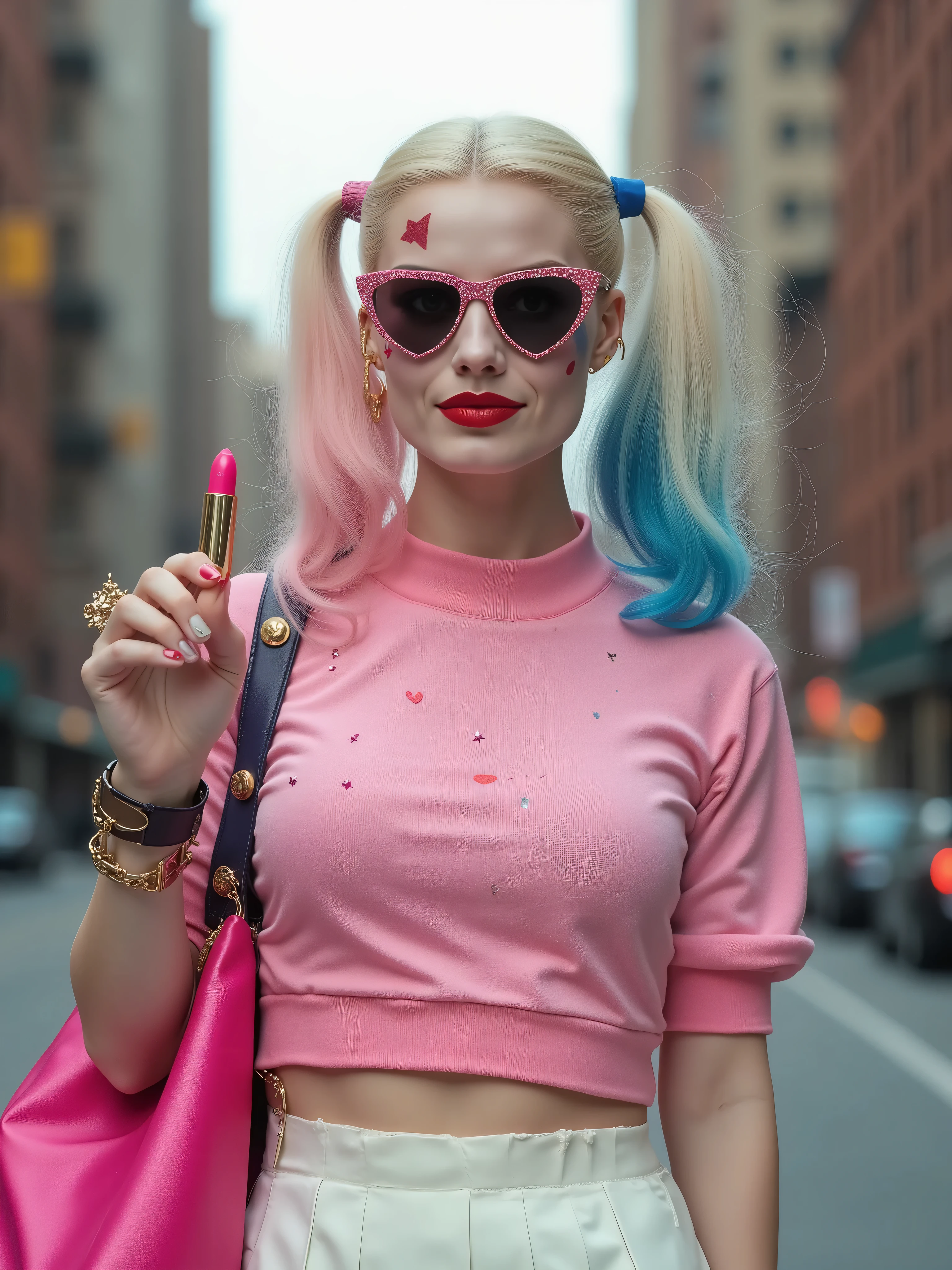 ultra realistic image of a blonde woman with two pigtail tips painted one side pink and the other side blue she has red lipstick and a heart tattoo on her face she is wearing pink sunglasses in the shape of a glitter heart , cropped pink with star print with glitter , pleated white skirt The woman is cheerful walking around New York with a pink bag and she is showing off a pink lipstick that she took off as if she were showing a product for a commercial.