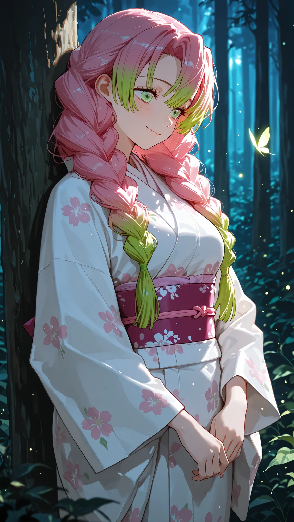 Masterpiece,Top Quality,1girl,single,absurdres,  green eyes  , single, Mitsuri Kanroji, Japanese white kimono, floral print, bright, waistband, Long sleeves, Wide Sleeves,Demon Slayer Kanaji Mitsuri's characteristic hair style, pink and green hair, bangs, In the forest, lawn,Firefly ,shining,  A little smile, night,