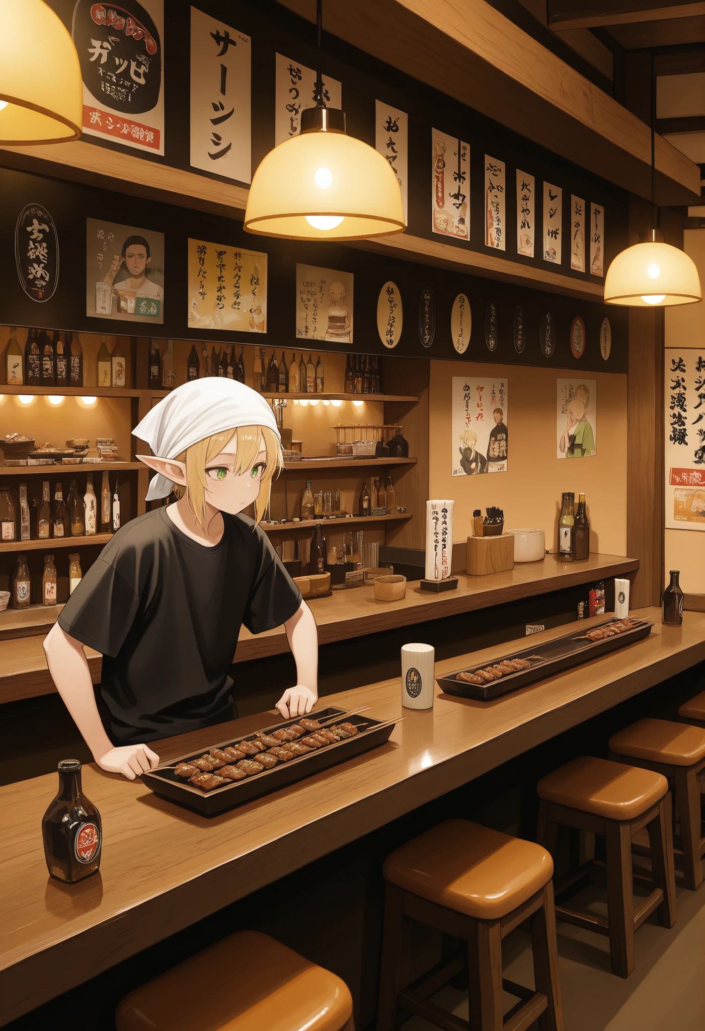 bar counter, Japanese style izakaya, scenery, indoors, lamps, tables, posters (objects), bottle, chairs,masterpiece,best quality,amazing quality, 1guy, (elf), blonde hair, green eyes, white towel bandana, plain black t-shirt, standing behind bar counter, preparing yakitori on bar counter, shoulder level, side shot, waist shot