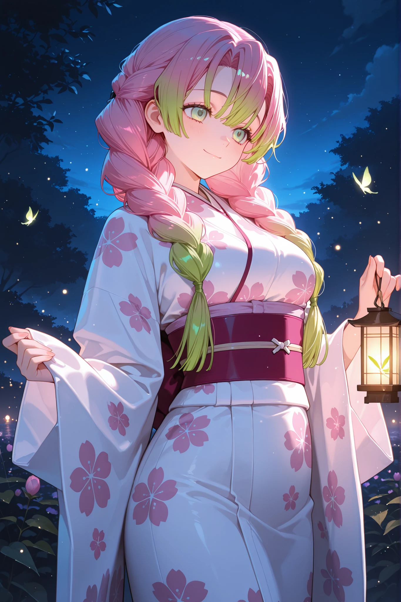 Masterpiece,Top Quality,1girl,single,absurdres,  green eyes  , single, Mitsuri Kanroji, Japanese white kimono, floral print, bright, waistband, Long sleeves, Wide Sleeves,  Hairstyle with braided hair on both sides, pink and green hair, bangs, Firefly ,shining,  A little smile, night,