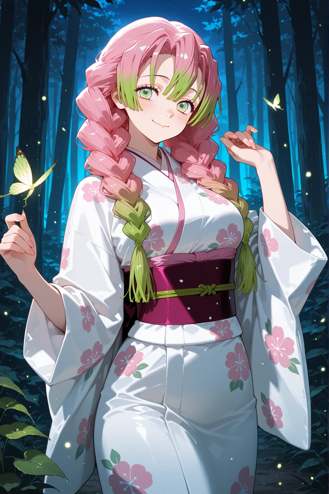 Masterpiece,Top Quality,1girl,single,absurdres,  green eyes  , single, Mitsuri Kanroji, Japanese white kimono, floral print, bright, waistband, Long sleeves, Wide Sleeves,Demon Slayer Kanaji Mitsuri's characteristic hair style, pink and green hair, bangs, In the forest, lawn,Firefly ,shining,  A little smile, night,
