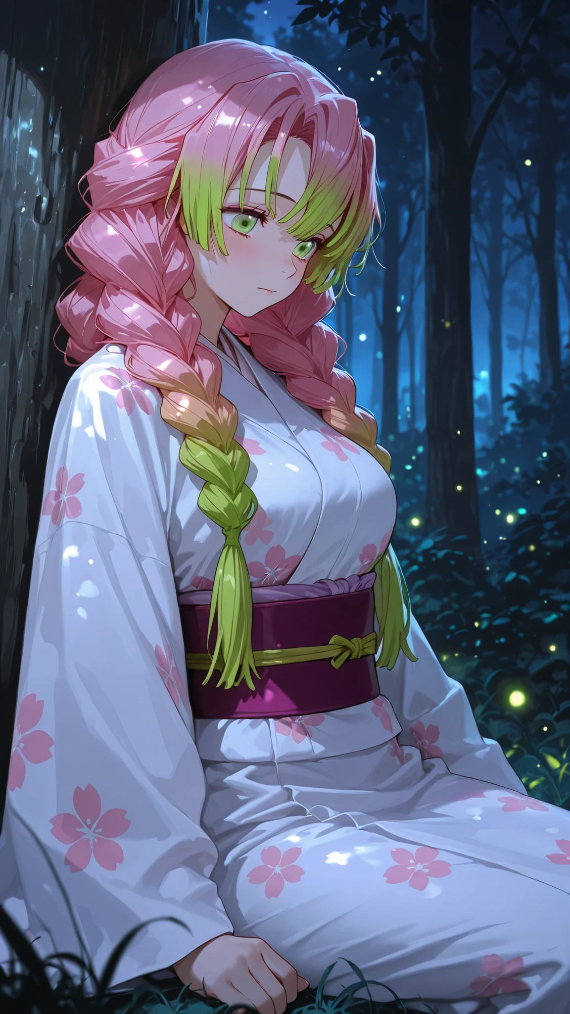 Masterpiece,Top Quality,1girl,single,absurdres,  green eyes  , single, Mitsuri Kanroji, Japanese white kimono, floral print, bright, waistband, Long sleeves, Wide Sleeves,Demon Slayer Kanaji Mitsuri's characteristic hair style, pink and green hair, bangs, In the forest, night, lawn, Scene of sitting and watching fireflies,