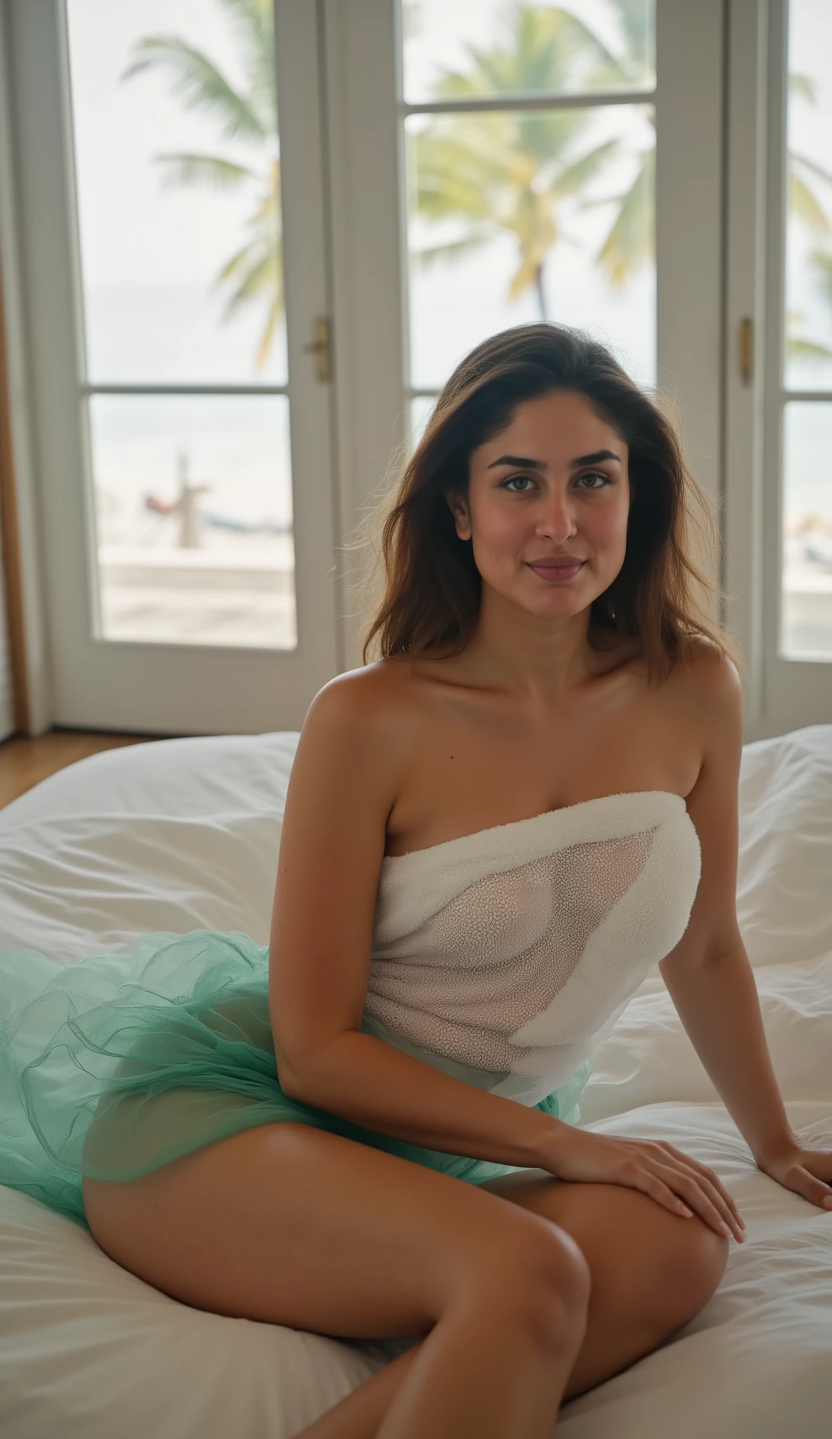 a beautiful fair skin bold indian girl, wearing a white small sheer transparent towel across her breast and a flowy sheer green short skirt, she is sleeping on bed sideways on her hand, in romantic mood, in a beach resort with large windows