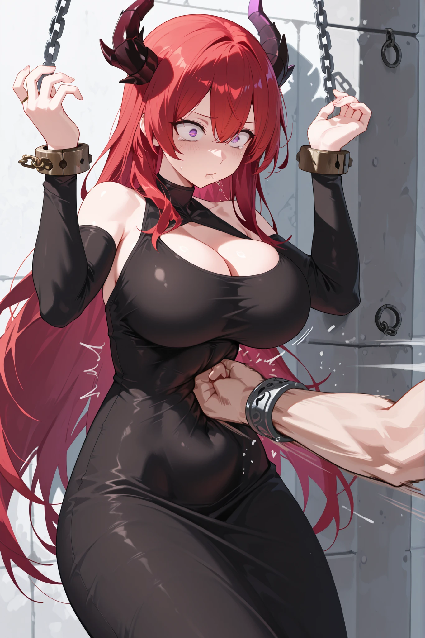 Masterpiece,best quality,highres,Super detailed,very detailed,highest quality,super detailed,high quality,high-definition,extremely detailed,absurdres,perfect light,outdoors,hanging all hands over head higher,hanging two hands over head higher,((((chain restrict her wrist)))),sexy,sexy belly line,Sexy belly line,Sexy Belly Line,navel punch,Navel punch,Navel Punch,(((((bellypunching,Bellypunching,Belly punching,Belly Punching,navel punch,Navel punch,Navel Punch,belly punching:1.2))))),
*//*,mature girl,dragon horns,red hair,long hair,purple eyes,sharp eyes,bare shoulders,breasts,large breasts,cleavage,dress,black dress,dongtan dress,black dongtan dress,taut clothes,impossible clothes,navel,covered navel,covered navel dress,covered navel black dress,covered navel black dongtan dress,slim waist,purvic curtain,
*//*,looking at viewer,small tears,closed mouse