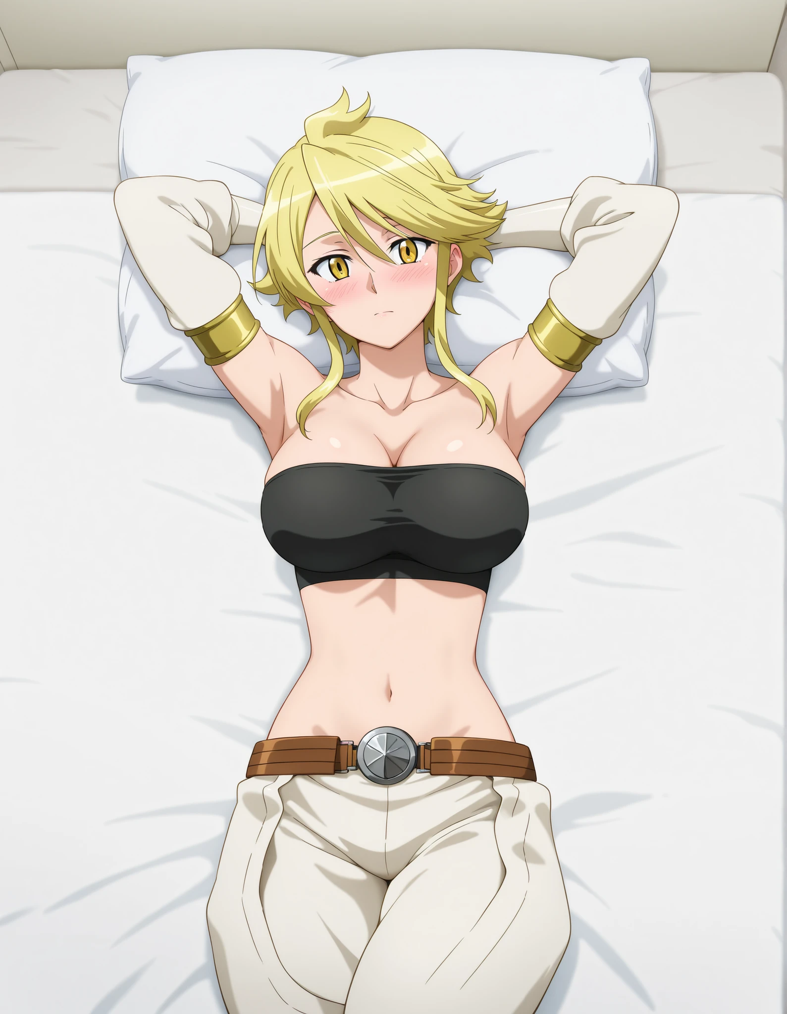 aaleone, short hair, blonde hair, yellow eyes, white, strapless, black tube top, midriff, belt, black panties, chaps, white pants, sleep on white bed, lay on bed, blushing, mature girl, woman, 20 years old girl