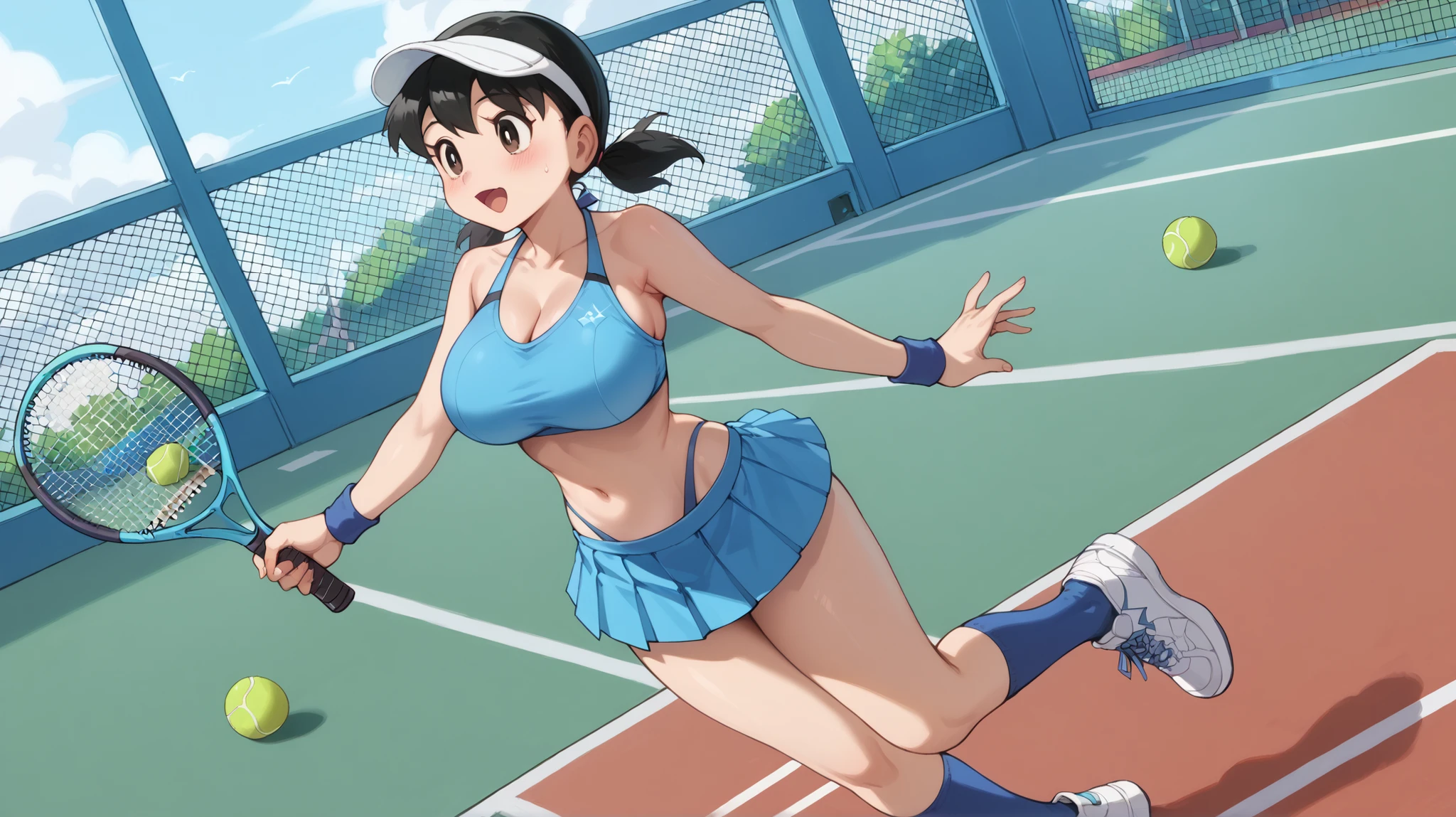 score_9, score_8_up, score_7_up, score_6_up, score_5_up, score_4_up, source_anime, BREAK, tennis court, noon, 1girl, shizuka, 18+, white visor, large breasts, narrow waist, round hips, blue bikini, highleg bikini, white pleated microskirt, blue socks, white sneakers, blue wristbands, right hand holding tennis racket, sporty pose, dutch angle
