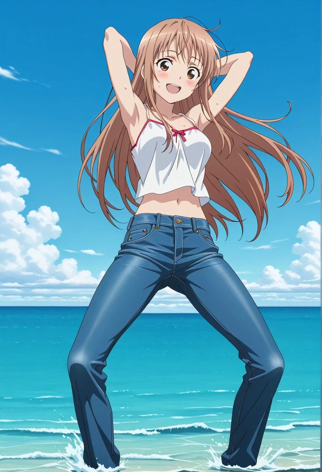 score_9, score_8_up, score_7_up, source_anime, highres, hi res, ((best quality, top quality, perfect quality, Highest Quality, amazing quality)), {{masterpiece}}, {{an extremely delicate and beautiful}}, 2d, intricate details, official style, anime, 8k, anime style, official_anime, official art, digital painting, cell shading, soft shading, high resolution, soothing tones, Subdued Color, Soft cinematic light, adobe lightroom, photolab, HDR, intricately and hyper-detailed, ((high quality animation)), 1 girl, Alone, solo, ((ocean)), tsunami, on the water, day, sunny, outdoors, sky, windy, asuna yuuki, long hair, brown hair, brown eyes, very long hair, anime screencap, , white camisole top, crop top, white crop top, best quality, hyper-detailed jeans, ((blue jeans:1.9)), (dark blue jeans:0.6), full medium body, medium shot, Open mouth, smiling, happy face, blush, sweat, standing, ((arms behind head:6.0)), bowlegged, jumping pose, action, looking at viewer, , Bend knees slightly, straight-on front view