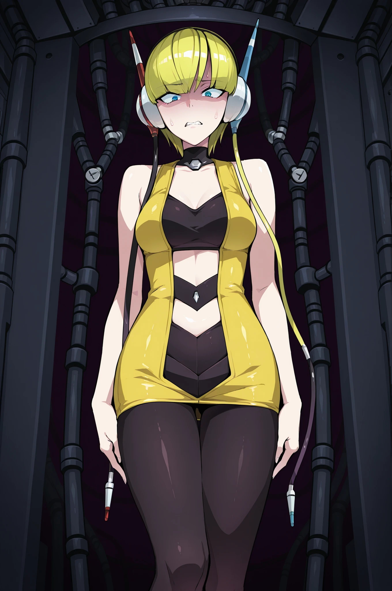 Elesa. Yellow hair. Straight bangs. Mechanical headphones. Sharp eyes. Disgusted expression. Yellow costume. Black decorations. Slender body. Detailed thighs. Black tights. Mechanical background. Dark room.