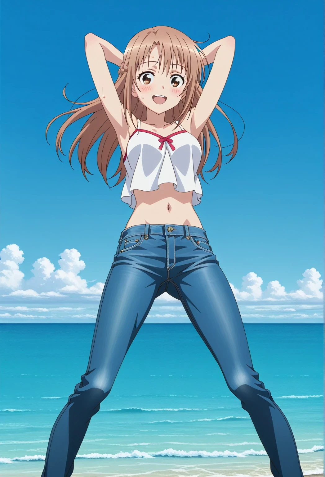 score_9, score_8_up, score_7_up, source_anime, highres, hi res, ((best quality, top quality, perfect quality, Highest Quality, amazing quality)), {{masterpiece}}, {{an extremely delicate and beautiful}}, 2d, intricate details, official style, anime, 8k, anime style, official_anime, official art, digital painting, cell shading, soft shading, high resolution, soothing tones, Subdued Color, Soft cinematic light, adobe lightroom, photolab, HDR, intricately and hyper-detailed, ((high quality animation)), 1 girl, Alone, solo, ((ocean)), tsunami, on the water, day, sunny, outdoors, sky, windy, asuna yuuki, long hair, brown hair, brown eyes, french braid, anime screencap, , white camisole top, crop top, white crop top, best quality, hyper-detailed jeans, ((blue jeans:1.9)), (dark blue jeans:0.6), full medium body, medium shot, Open mouth, smiling, happy face, blush, sweat, standing, ((arms behind head:6.0)), bowlegged, jumping pose, action, looking at viewer, , Bend knees slightly, straight-on front view