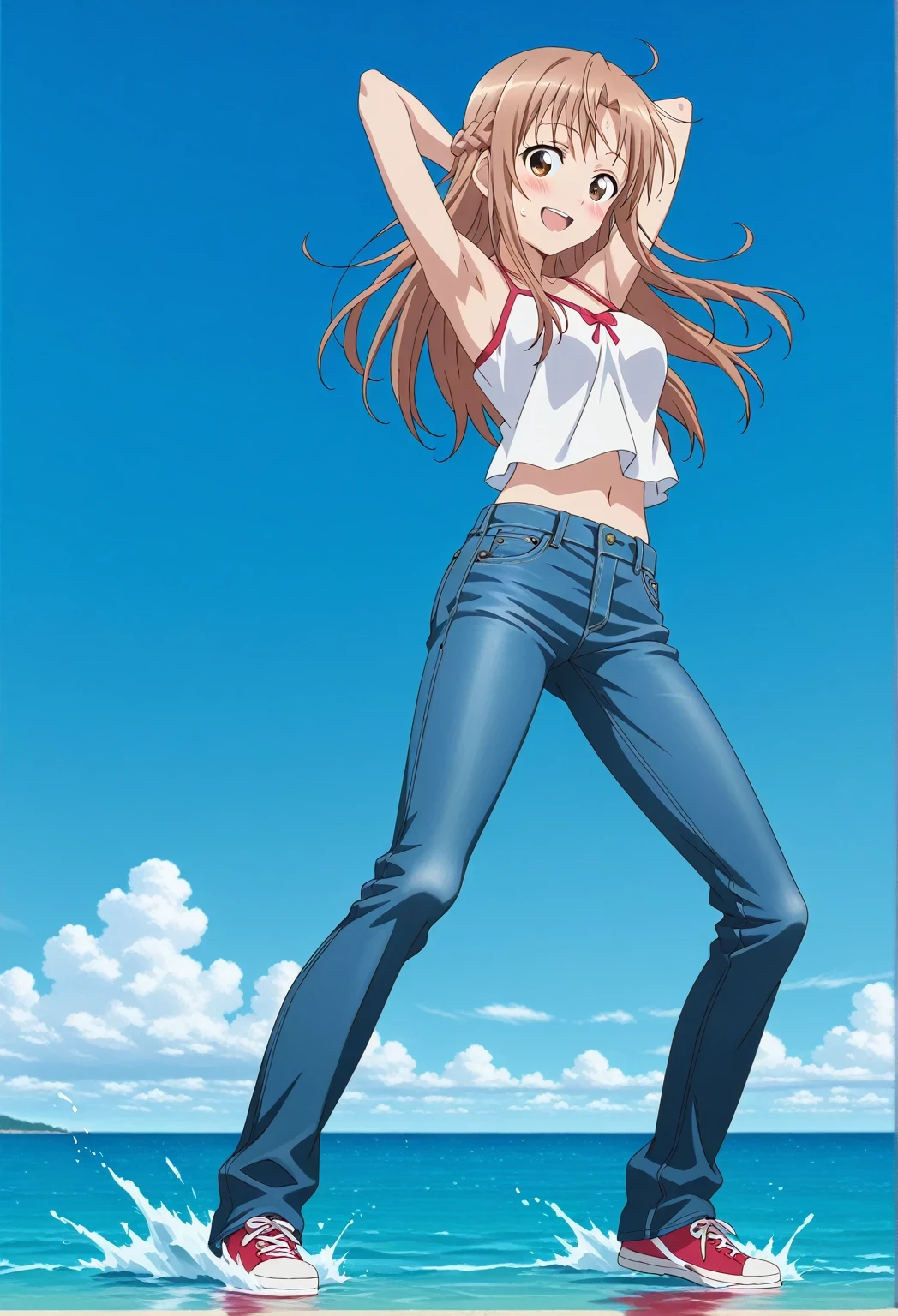 score_9, score_8_up, score_7_up, source_anime, highres, hi res, ((best quality, top quality, perfect quality, Highest Quality, amazing quality)), {{masterpiece}}, {{an extremely delicate and beautiful}}, 2d, intricate details, official style, anime, 8k, anime style, official_anime, official art, digital painting, cell shading, soft shading, high resolution, soothing tones, Subdued Color, Soft cinematic light, adobe lightroom, photolab, HDR, intricately and hyper-detailed, ((high quality animation)), 1 girl, Alone, solo, ((ocean)), tsunami, on the water, day, sunny, outdoors, sky, windy, asuna yuuki, long hair, brown hair, brown eyes, french braid, anime screencap, , white camisole top, crop top, white crop top, best quality, hyper-detailed jeans, ((blue jeans:1.9)), (dark blue jeans:0.6), full medium body, medium shot, Open mouth, smiling, happy face, blush, sweat, standing, ((arms behind head:6.0)), bowlegged, jumping pose, action, looking at viewer, , Bend knees slightly, straight-on front view