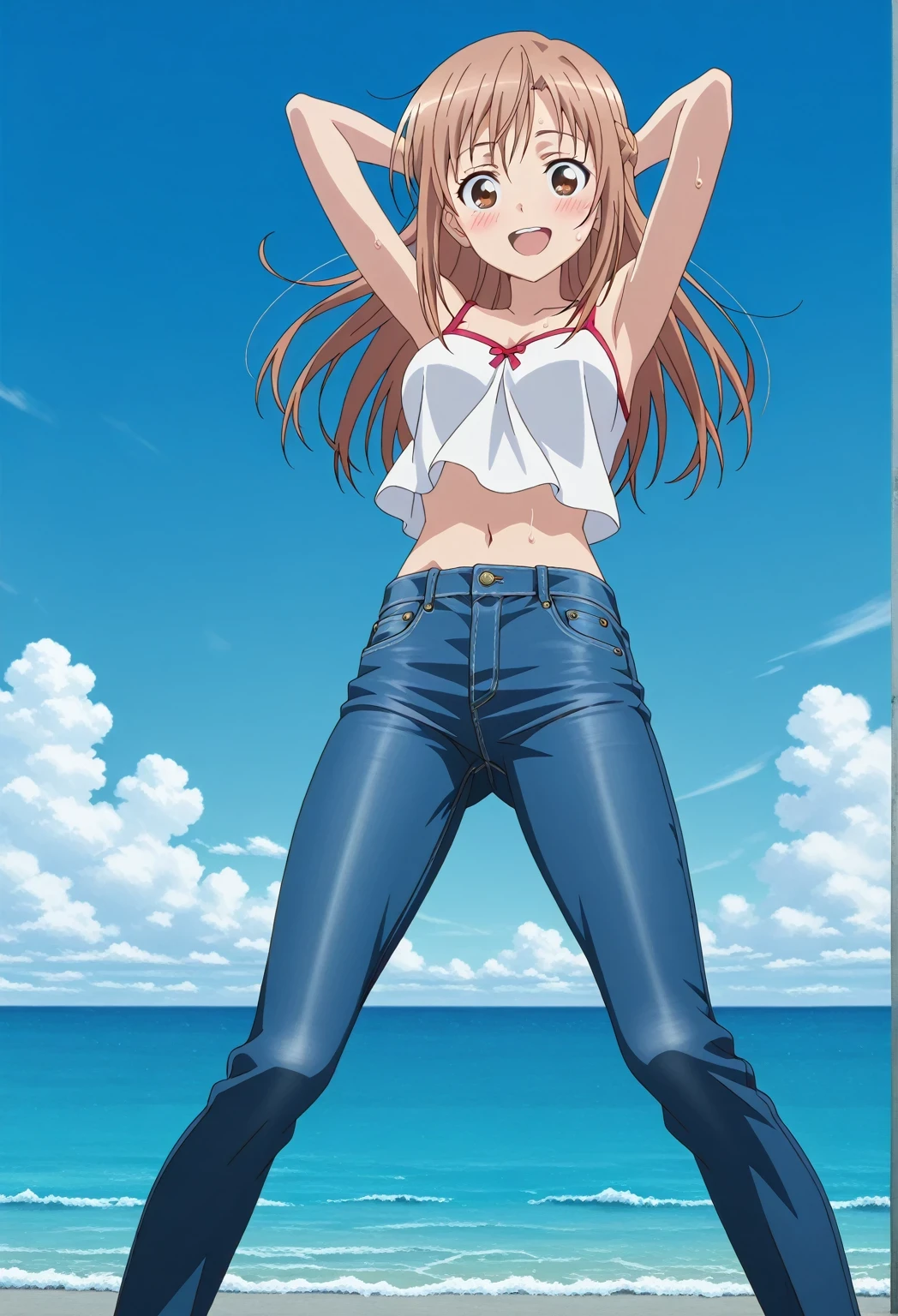 score_9, score_8_up, score_7_up, source_anime, highres, hi res, ((best quality, top quality, perfect quality, Highest Quality, amazing quality)), {{masterpiece}}, {{an extremely delicate and beautiful}}, 2d, intricate details, official style, anime, 8k, anime style, official_anime, official art, digital painting, cell shading, soft shading, high resolution, soothing tones, Subdued Color, Soft cinematic light, adobe lightroom, photolab, HDR, intricately and hyper-detailed, ((high quality animation)), 1 girl, Alone, solo, ((ocean)), tsunami, on the water, day, sunny, outdoors, sky, windy, asuna yuuki, long hair, brown hair, brown eyes, french braid, anime screencap, , white camisole top, crop top, white crop top, best quality, hyper-detailed jeans, ((blue jeans:1.9)), (dark blue jeans:0.6), full medium body, medium shot, Open mouth, smiling, happy face, blush, sweat, standing, ((arms behind head:6.0)), bowlegged, jumping pose, action, looking at viewer, , Bend knees slightly, straight-on front view
