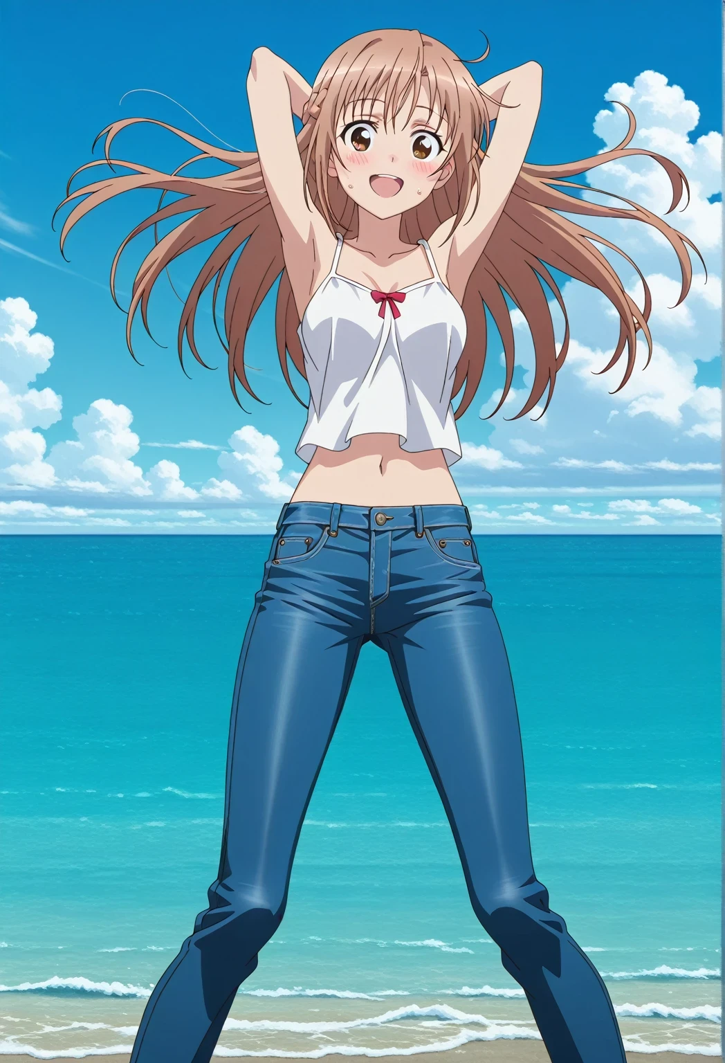 score_9, score_8_up, score_7_up, source_anime, highres, hi res, ((best quality, top quality, perfect quality, Highest Quality, amazing quality)), {{masterpiece}}, {{an extremely delicate and beautiful}}, 2d, intricate details, official style, anime, 8k, anime style, official_anime, official art, digital painting, cell shading, soft shading, high resolution, soothing tones, Subdued Color, Soft cinematic light, adobe lightroom, photolab, HDR, intricately and hyper-detailed, ((high quality animation)), 1 girl, Alone, solo, ((ocean)), tsunami, on the water, day, sunny, outdoors, sky, windy, asuna yuuki, long hair, very long hair, brown hair, brown eyes, french braid, anime screencap, , white camisole top, crop top, white crop top, best quality, hyper-detailed jeans, ((blue jeans:1.9)), (dark blue jeans:0.6), full medium body, medium shot, Open mouth, smiling, happy face, blush, sweat, standing, ((arms behind head:6.0)), bowlegged, jumping pose, action, looking at viewer, , Bend knees slightly, straight-on front view