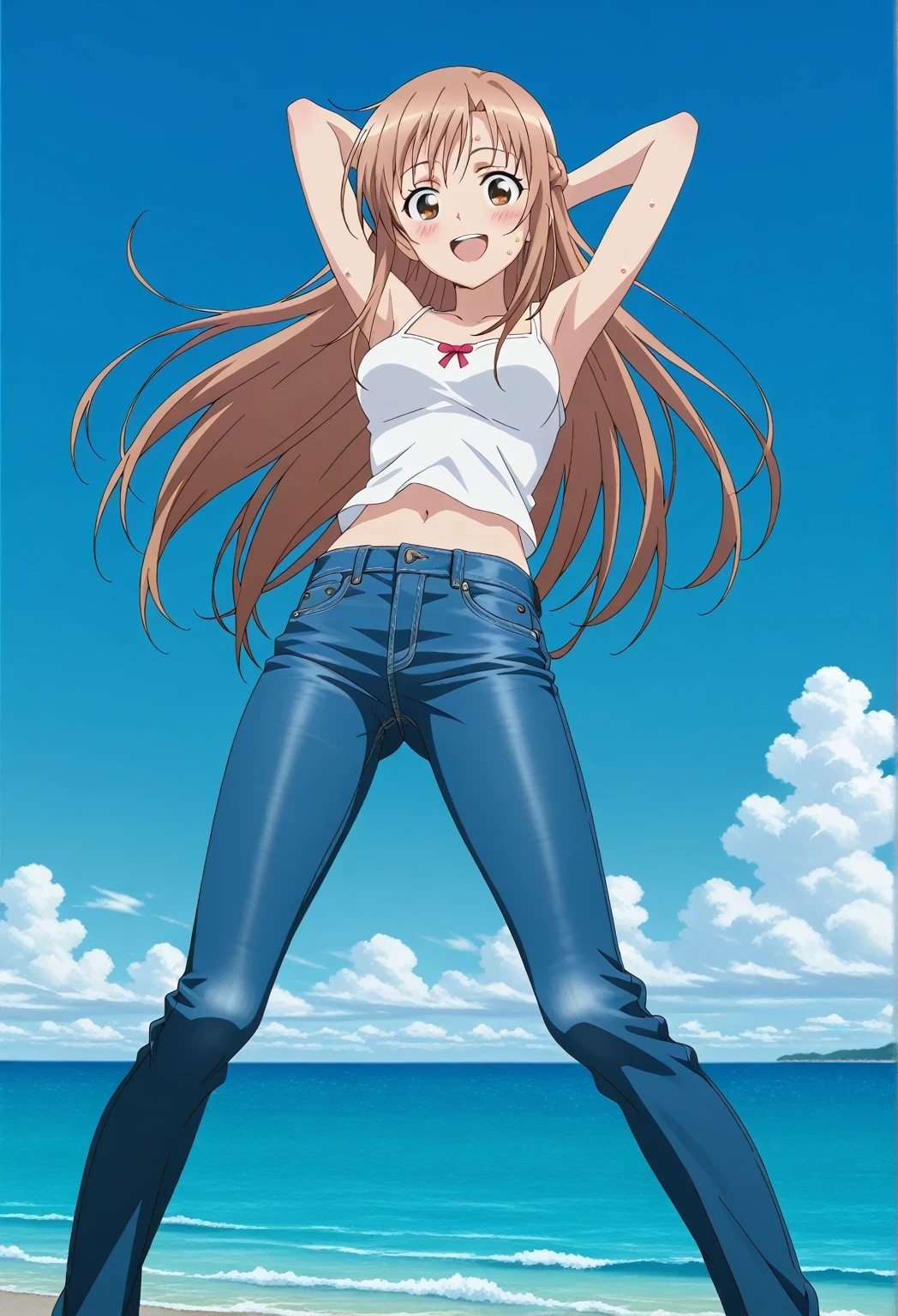 score_9, score_8_up, score_7_up, source_anime, highres, hi res, ((best quality, top quality, perfect quality, Highest Quality, amazing quality)), {{masterpiece}}, {{an extremely delicate and beautiful}}, 2d, intricate details, official style, anime, 8k, anime style, official_anime, official art, digital painting, cell shading, soft shading, high resolution, soothing tones, Subdued Color, Soft cinematic light, adobe lightroom, photolab, HDR, intricately and hyper-detailed, ((high quality animation)), 1 girl, Alone, solo, ((ocean)), tsunami, on the water, day, sunny, outdoors, sky, windy, asuna yuuki, long hair, very long hair, brown hair, brown eyes, french braid, anime screencap, , white camisole top, crop top, white crop top, best quality, hyper-detailed jeans, ((blue jeans:1.9)), (dark blue jeans:0.6), full medium body, medium shot, Open mouth, smiling, happy face, blush, sweat, standing, ((arms behind head:6.0)), bowlegged, jumping pose, action, looking at viewer, , Bend knees slightly, straight-on front view