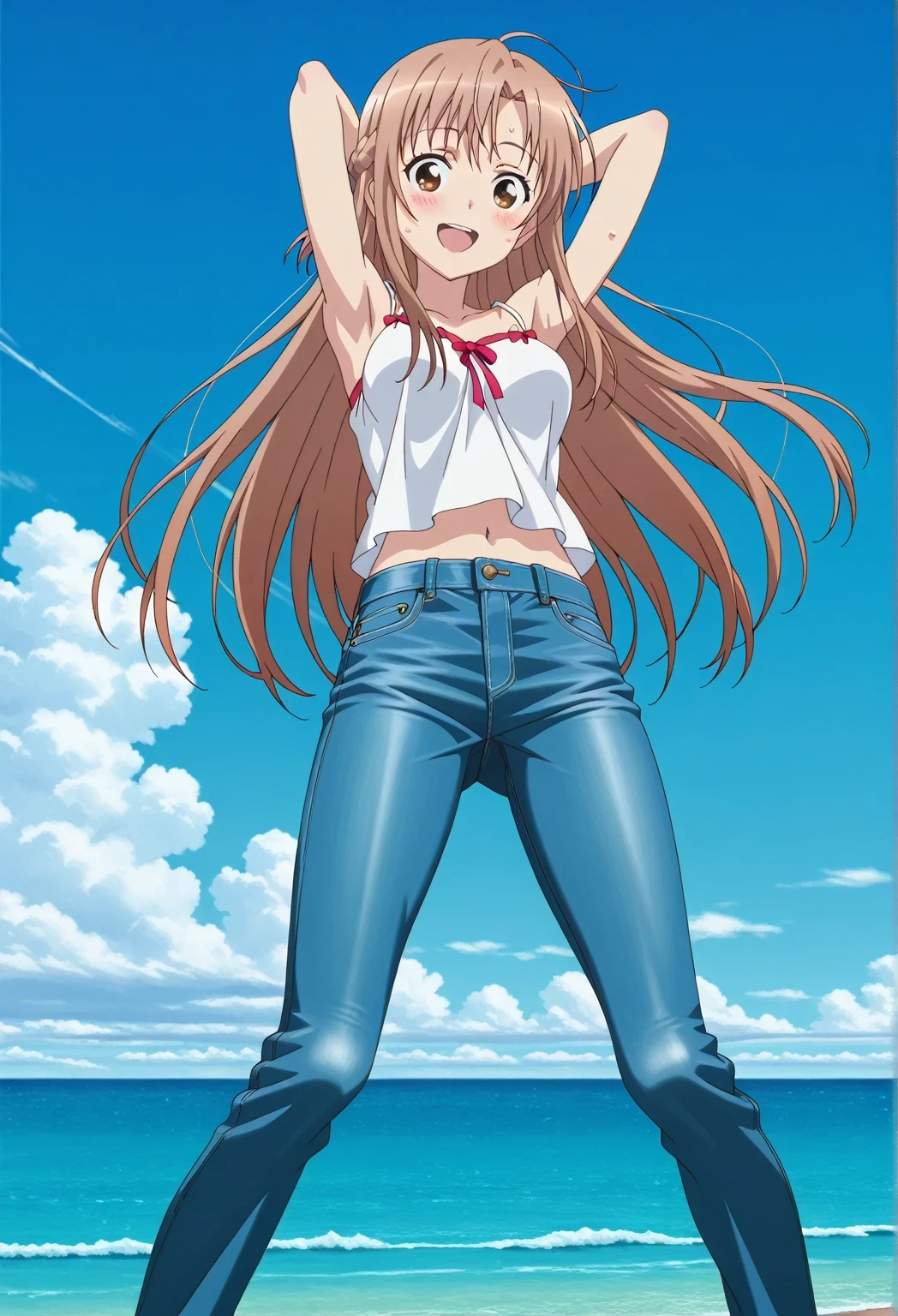 score_9, score_8_up, score_7_up, source_anime, highres, hi res, ((best quality, top quality, perfect quality, Highest Quality, amazing quality)), {{masterpiece}}, {{an extremely delicate and beautiful}}, 2d, intricate details, official style, anime, 8k, anime style, official_anime, official art, digital painting, cell shading, soft shading, high resolution, soothing tones, Subdued Color, Soft cinematic light, adobe lightroom, photolab, HDR, intricately and hyper-detailed, ((high quality animation)), 1 girl, Alone, solo, ((ocean)), tsunami, on the water, day, sunny, outdoors, sky, windy, asuna yuuki, long hair, very long hair, brown hair, brown eyes, french braid, anime screencap, , white camisole top, crop top, white crop top, best quality, hyper-detailed jeans, ((blue jeans:1.9)), (dark blue jeans:0.6), full medium body, medium shot, Open mouth, smiling, happy face, blush, sweat, standing, ((arms behind head:6.0)), bowlegged, jumping pose, action, looking at viewer, , Bend knees slightly, straight-on front view