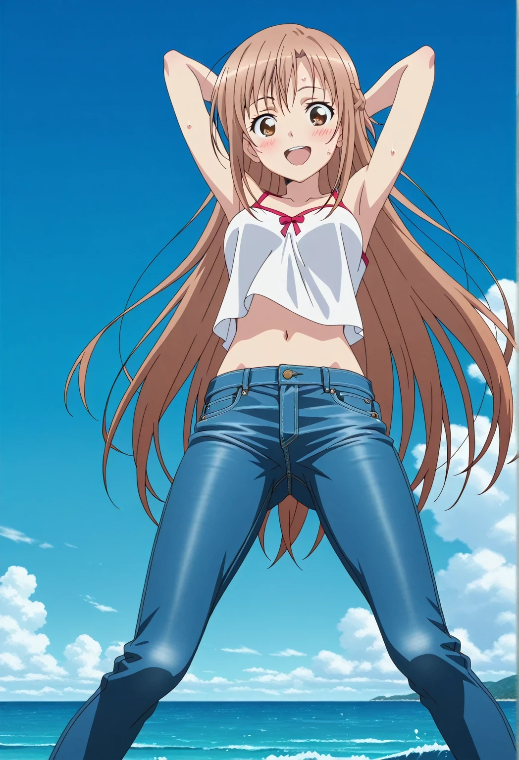 score_9, score_8_up, score_7_up, source_anime, highres, hi res, ((best quality, top quality, perfect quality, Highest Quality, amazing quality)), {{masterpiece}}, {{an extremely delicate and beautiful}}, 2d, intricate details, official style, anime, 8k, anime style, official_anime, official art, digital painting, cell shading, soft shading, high resolution, soothing tones, Subdued Color, Soft cinematic light, adobe lightroom, photolab, HDR, intricately and hyper-detailed, ((high quality animation)), 1 girl, Alone, solo, ((ocean)), tsunami, on the water, day, sunny, outdoors, sky, windy, asuna yuuki, long hair, very long hair, brown hair, brown eyes, french braid, anime screencap, , white camisole top, crop top, white crop top, best quality, hyper-detailed jeans, ((blue jeans:1.9)), (dark blue jeans:0.6), full medium body, medium shot, Open mouth, smiling, happy face, blush, sweat, standing, ((arms behind head:6.0)), bowlegged, jumping pose, action, looking at viewer, , Bend knees slightly, straight-on front view