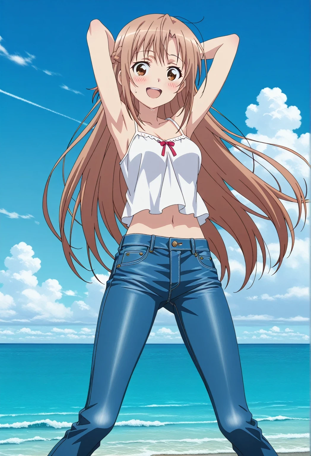 score_9, score_8_up, score_7_up, source_anime, highres, hi res, ((best quality, top quality, perfect quality, Highest Quality, amazing quality)), {{masterpiece}}, {{an extremely delicate and beautiful}}, 2d, intricate details, official style, anime, 8k, anime style, official_anime, official art, digital painting, cell shading, soft shading, high resolution, soothing tones, Subdued Color, Soft cinematic light, adobe lightroom, photolab, HDR, intricately and hyper-detailed, ((high quality animation)), 1 girl, Alone, solo, ((ocean)), tsunami, on the water, day, sunny, outdoors, sky, windy, asuna yuuki, long hair, very long hair, brown hair, brown eyes, french braid, anime screencap, , white camisole top, crop top, white crop top, best quality, hyper-detailed jeans, ((blue jeans:1.9)), (dark blue jeans:0.6), full medium body, medium shot, Open mouth, smiling, happy face, blush, sweat, standing, ((arms behind head:6.0)), bowlegged, jumping pose, action, looking at viewer, , Bend knees slightly, straight-on front view
