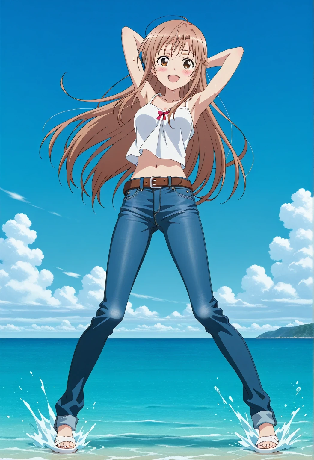 score_9, score_8_up, score_7_up, source_anime, highres, hi res, ((best quality, top quality, perfect quality, Highest Quality, amazing quality)), {{masterpiece}}, {{an extremely delicate and beautiful}}, 2d, intricate details, official style, anime, 8k, anime style, official_anime, official art, digital painting, cell shading, soft shading, high resolution, soothing tones, Subdued Color, Soft cinematic light, adobe lightroom, photolab, HDR, intricately and hyper-detailed, ((high quality animation)), 1 girl, Alone, solo, ((ocean)), tsunami, on the water, day, sunny, outdoors, sky, windy, asuna yuuki, long hair, very long hair, brown hair, brown eyes, french braid, anime screencap, , white camisole top, crop top, white crop top, best quality, hyper-detailed jeans, belt, brown belt, ((blue jeans:1.9)), (dark blue jeans:0.6), full medium body, medium shot, Open mouth, smiling, happy face, blush, sweat, standing, ((arms behind head:6.0)), bowlegged, jumping pose, action, looking at viewer, , Bend knees slightly, straight-on front view