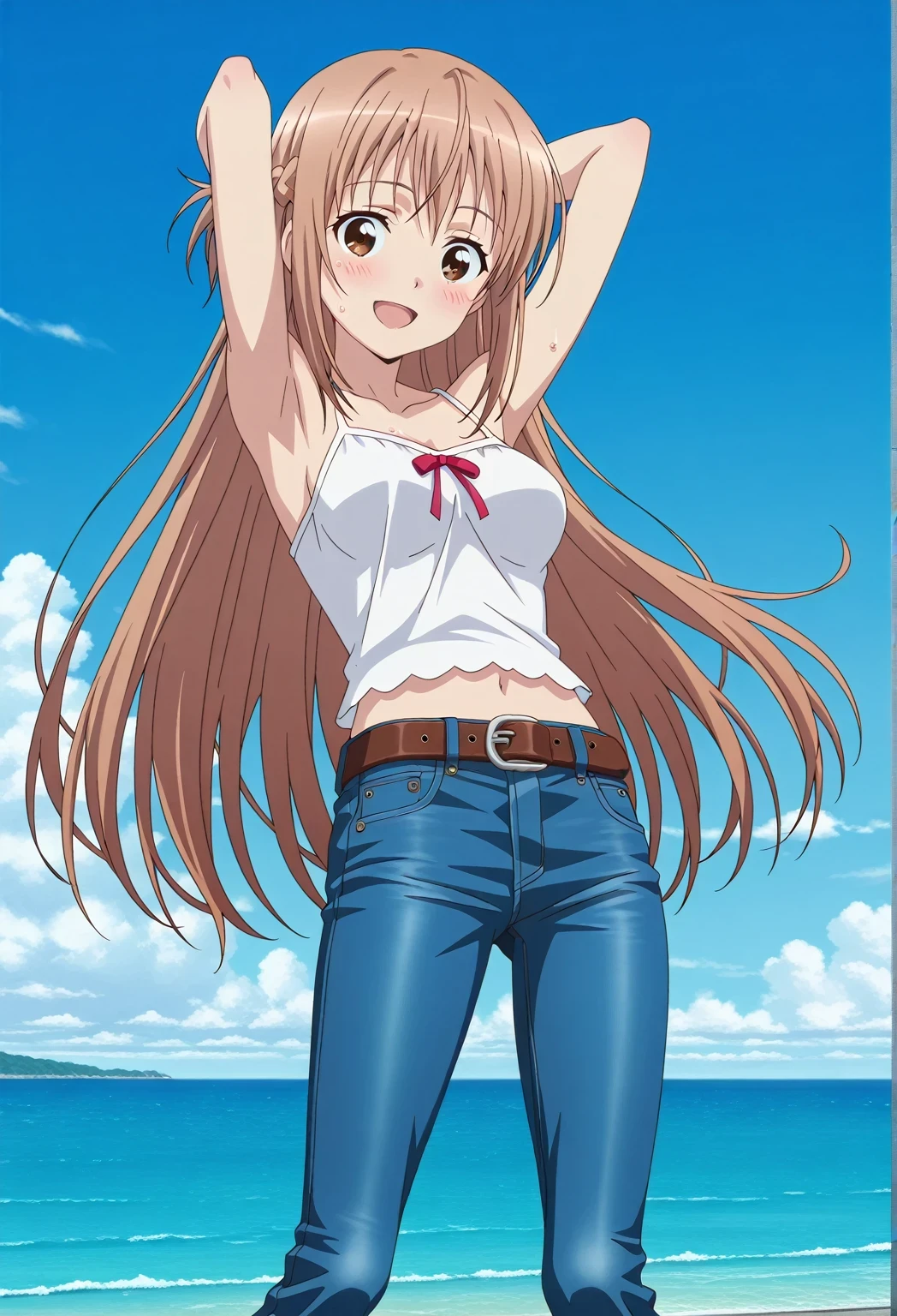 score_9, score_8_up, score_7_up, source_anime, highres, hi res, ((best quality, top quality, perfect quality, Highest Quality, amazing quality)), {{masterpiece}}, {{an extremely delicate and beautiful}}, 2d, intricate details, official style, anime, 8k, anime style, official_anime, official art, digital painting, cell shading, soft shading, high resolution, soothing tones, Subdued Color, Soft cinematic light, adobe lightroom, photolab, HDR, intricately and hyper-detailed, ((high quality animation)), 1 girl, Alone, solo, ((ocean)), tsunami, on the water, day, sunny, outdoors, sky, windy, asuna yuuki, long hair, very long hair, brown hair, brown eyes, french braid, anime screencap, , white camisole top, crop top, white crop top, best quality, hyper-detailed jeans, belt, brown belt, ((blue jeans:1.9)), (dark blue jeans:0.6), full medium body, medium shot, Open mouth, smiling, happy face, blush, sweat, standing, ((arms behind head:6.0)), bowlegged, jumping pose, action, looking at viewer, , Bend knees slightly, straight-on front view