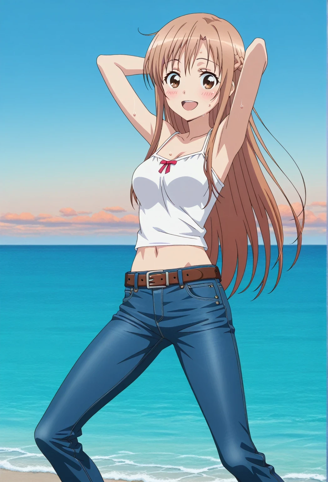 score_9, score_8_up, score_7_up, source_anime, highres, hi res, ((best quality, top quality, perfect quality, Highest Quality, amazing quality)), {{masterpiece}}, {{an extremely delicate and beautiful}}, 2d, intricate details, official style, anime, 8k, anime style, official_anime, official art, digital painting, cell shading, soft shading, high resolution, soothing tones, Subdued Color, Soft cinematic light, adobe lightroom, photolab, HDR, intricately and hyper-detailed, ((high quality animation)), 1 girl, Alone, solo, ((ocean)), tsunami, on the water, day, sunny, outdoors, sky, windy, asuna yuuki, long hair, very long hair, brown hair, brown eyes, french braid, anime screencap, , white camisole top, crop top, white crop top, best quality, hyper-detailed jeans, belt, brown belt, ((blue jeans:1.9)), (dark blue jeans:0.6), full medium body, medium shot, Open mouth, smiling, happy face, blush, sweat, standing, ((arms behind head:6.0)), bowlegged, jumping pose, action, looking at viewer, , Bend knees slightly, straight-on front view