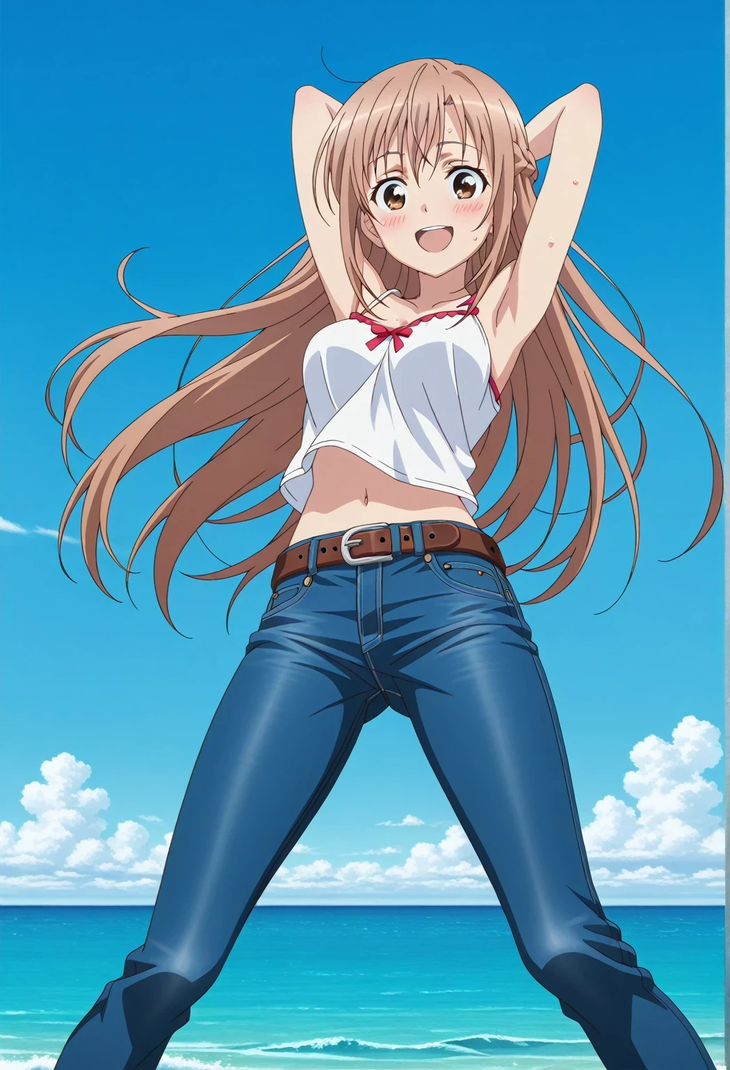 score_9, score_8_up, score_7_up, source_anime, highres, hi res, ((best quality, top quality, perfect quality, Highest Quality, amazing quality)), {{masterpiece}}, {{an extremely delicate and beautiful}}, 2d, intricate details, official style, anime, 8k, anime style, official_anime, official art, digital painting, cell shading, soft shading, high resolution, soothing tones, Subdued Color, Soft cinematic light, adobe lightroom, photolab, HDR, intricately and hyper-detailed, ((high quality animation)), 1 girl, Alone, solo, ((ocean)), tsunami, on the water, day, sunny, outdoors, sky, windy, asuna yuuki, long hair, very long hair, brown hair, brown eyes, french braid, anime screencap, , white camisole top, crop top, white crop top, best quality, hyper-detailed jeans, belt, brown belt, ((blue jeans:1.9)), (dark blue jeans:0.6), full medium body, medium shot, Open mouth, smiling, happy face, blush, sweat, standing, ((arms behind head:6.0)), bowlegged, jumping pose, action, looking at viewer, , Bend knees slightly, straight-on front view